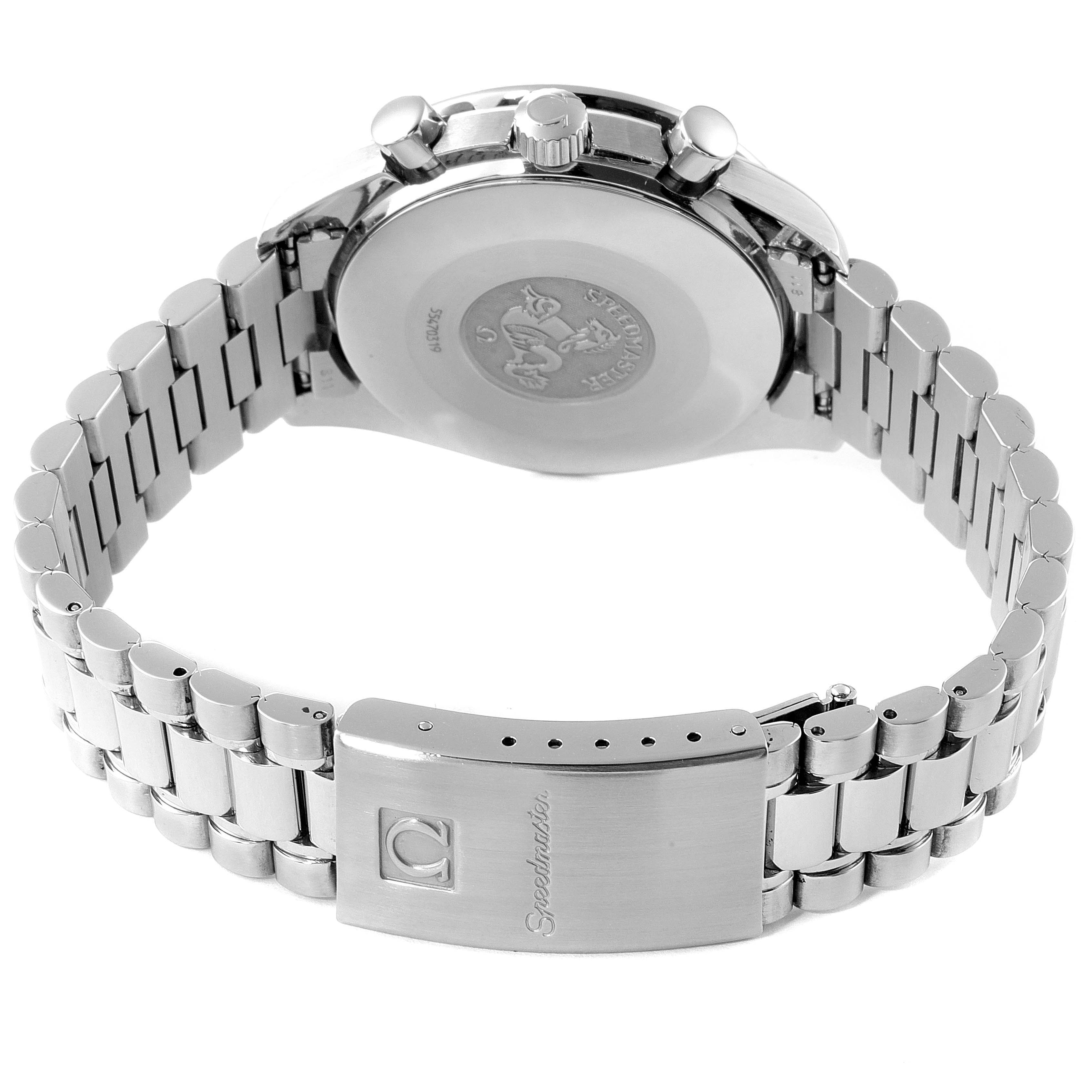 The image shows the back of an Omega Speedmaster 3510.12.00 Men's Stainless Steel Yellow Dial 3510.12.00 Men's Stainless Steel Yellow Dial watch, highlighting its bracelet, clasp, and the case back.