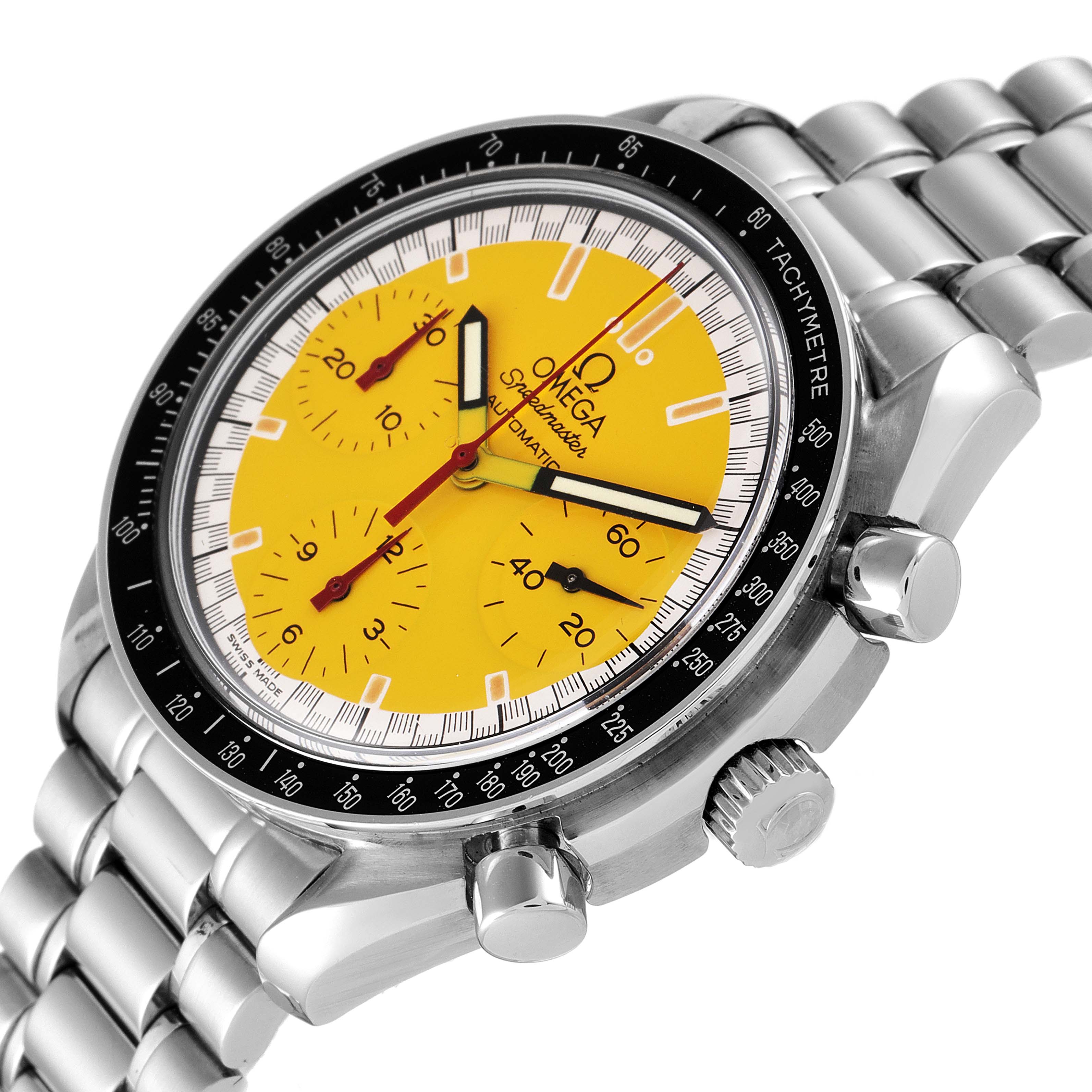 The image shows an angled close-up of an Omega Speedmaster 3510.12.00 Men's Stainless Steel Yellow Dial 3510.12.00 Men's Stainless Steel Yellow Dial watch, highlighting the yellow dial, subdials, bezel, and metal bracelet.
