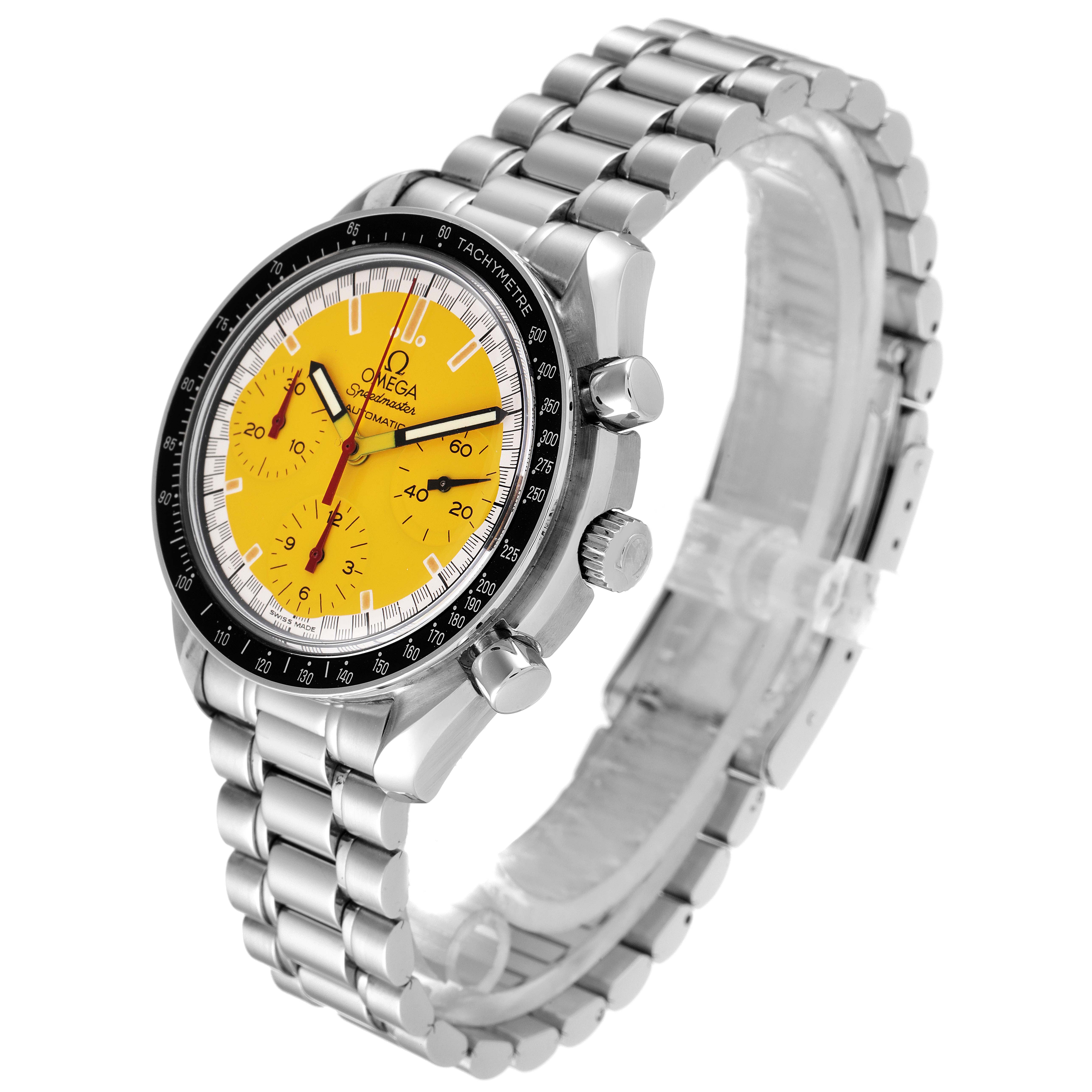 The image shows an Omega Speedmaster 3510.12.00 Men's Stainless Steel Yellow Dial 3510.12.00 Men's Stainless Steel Yellow Dial watch angled to display the yellow dial, three subdials, buttons, crown, and metal bracelet.