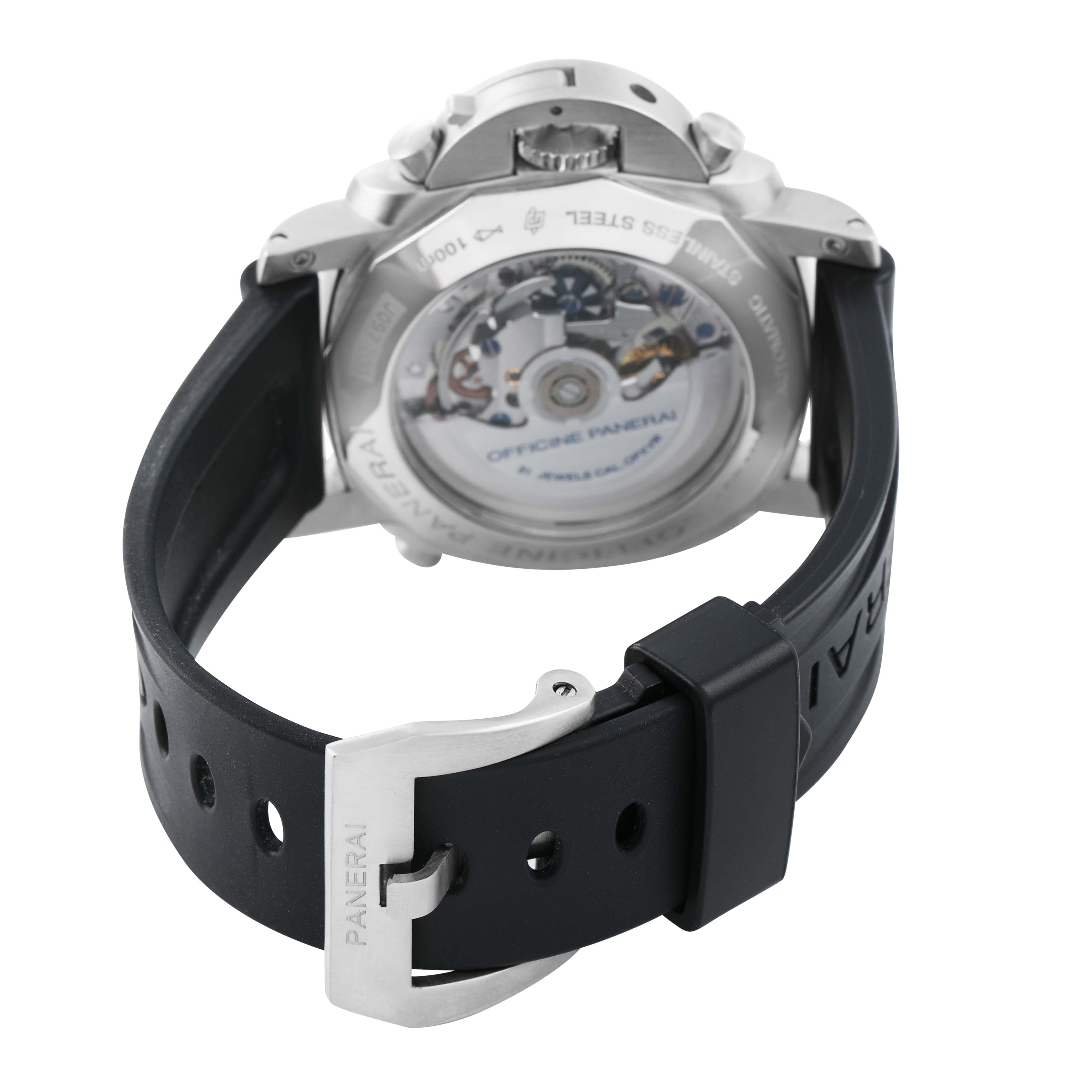 The image shows the back view of a Panerai Luminor PAM00213 Men's Stainless Steel Black Dial watch, highlighting the transparent case back and black rubber strap.