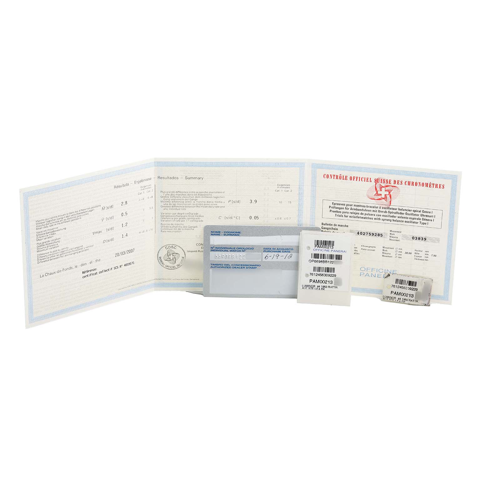 The image shows certificates and documentation for a Panerai Luminor PAM00213 Men's Stainless Steel Black Dial watch.