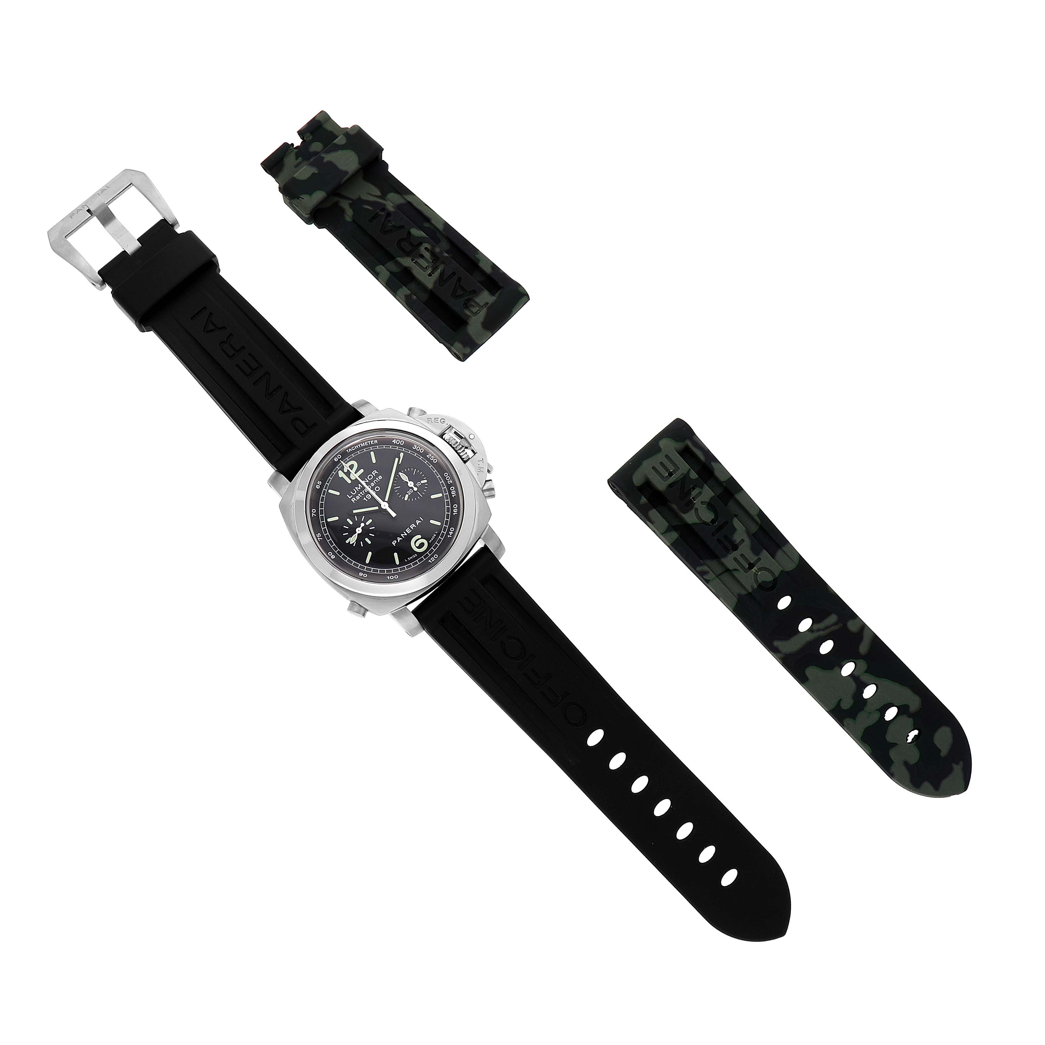 The image shows a Panerai Luminor PAM00213 Men's Stainless Steel Black Dial watch from the top, with a black strap attached and a camouflage replacement strap nearby.