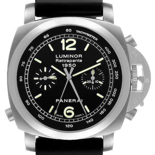 The image shows a frontal view of the Panerai Luminor PAM00213 Men's Stainless Steel Black Dial watch, highlighting the dial, tachymeter, subdials, and crown guard.