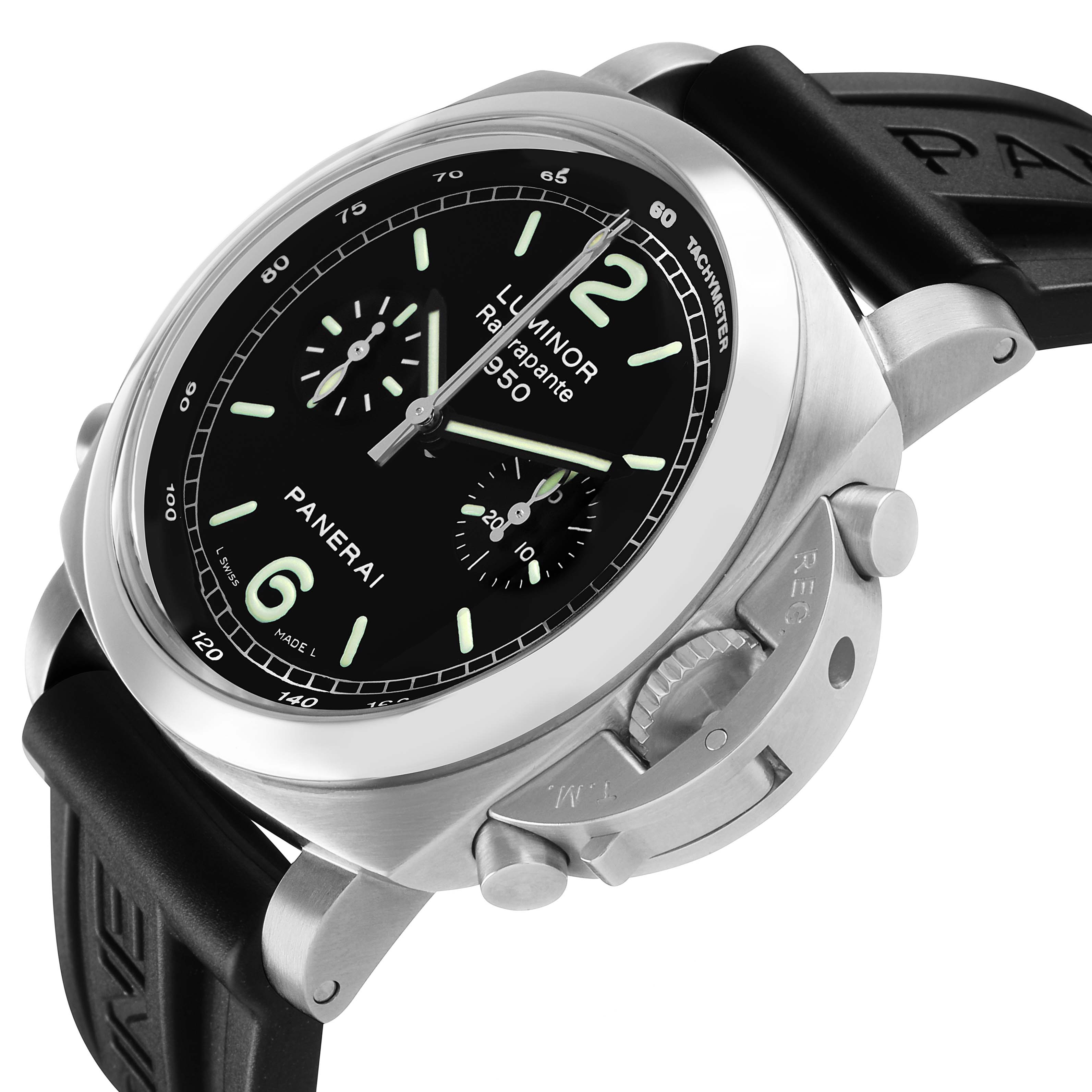 The Panerai Luminor PAM00213 Men's Stainless Steel Black Dial watch is shown at an angle highlighting the dial, case, crown guard, pushers, and rubber strap.