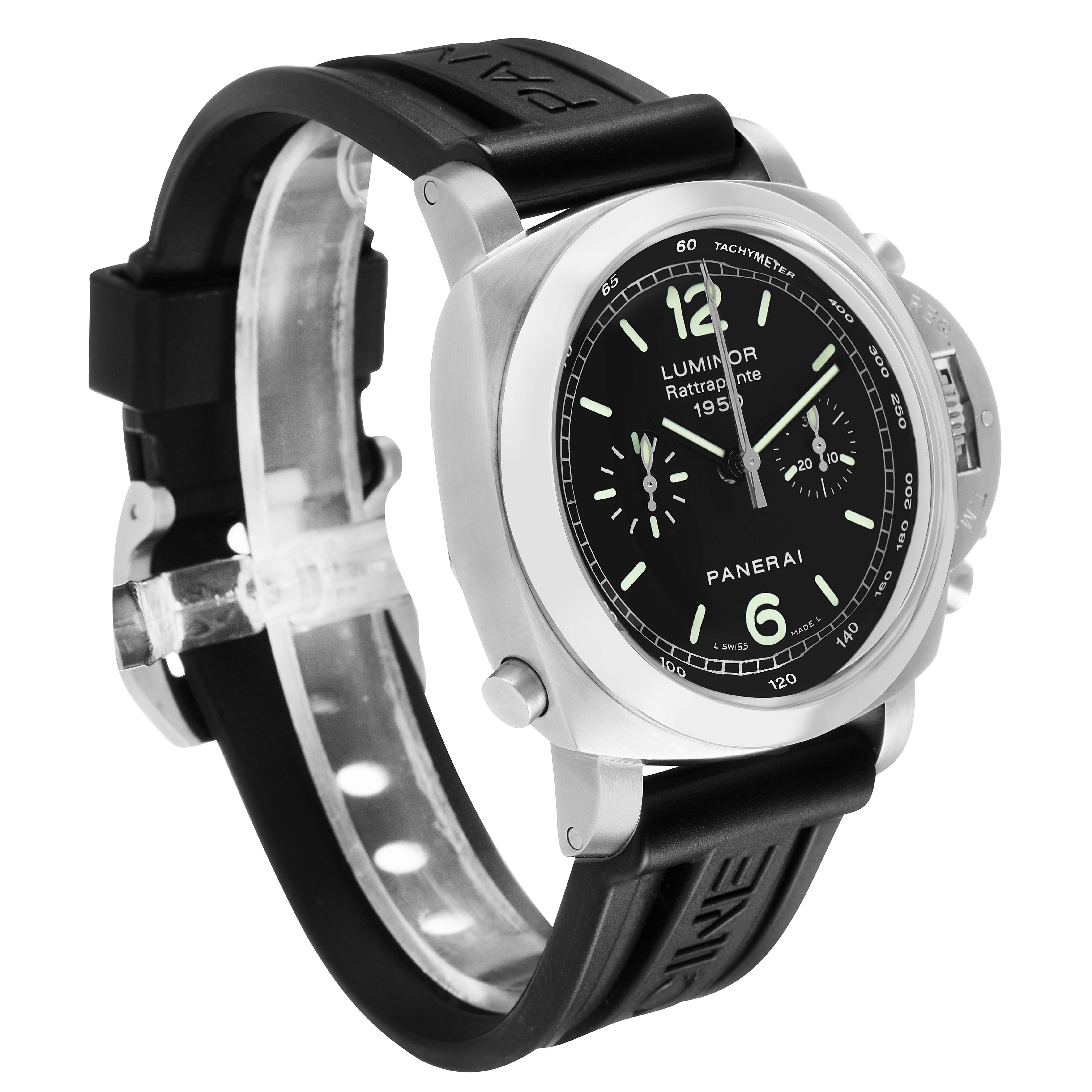 The image shows a Panerai Luminor PAM00213 Men's Stainless Steel Black Dial watch from a front angle, highlighting its dial, bezel, crown guard, and rubber strap.