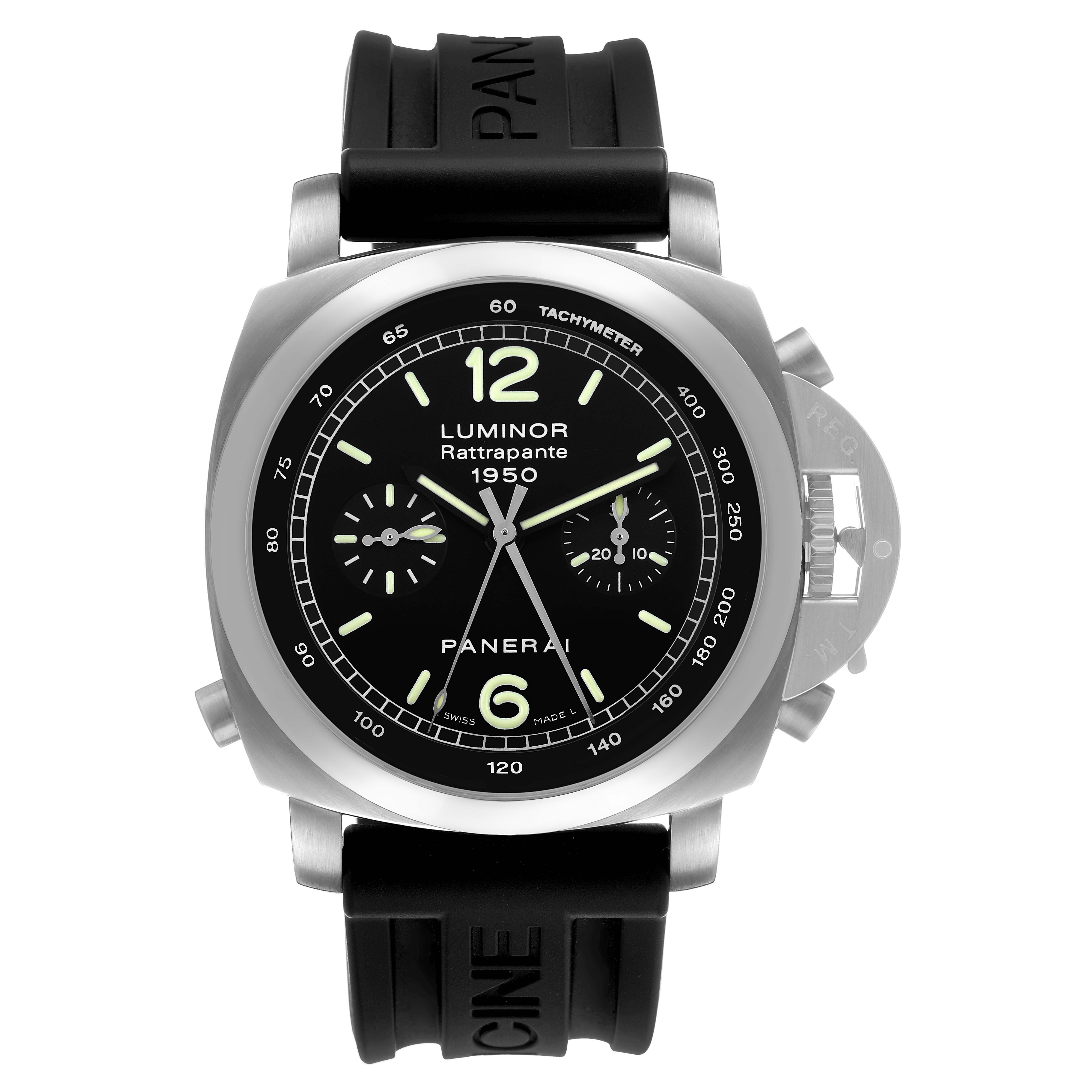 The Panerai Luminor PAM00213 Men's Stainless Steel Black Dial watch is shown from a front angle, highlighting the dial, case, bezel, and strap.