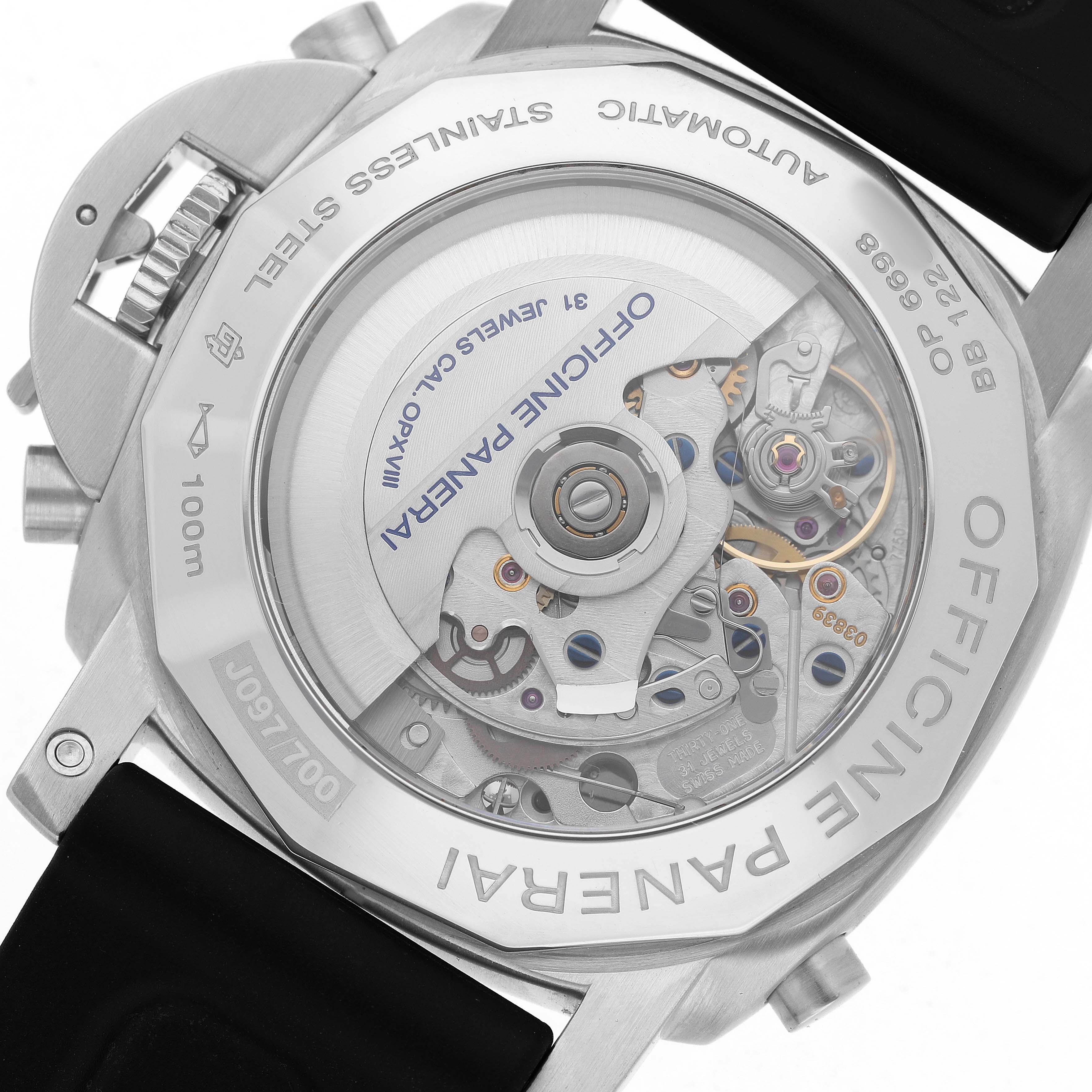 The image shows the back of a Panerai Luminor PAM00213 Men's Stainless Steel Black Dial watch, highlighting the automatic movement and stainless steel casing.