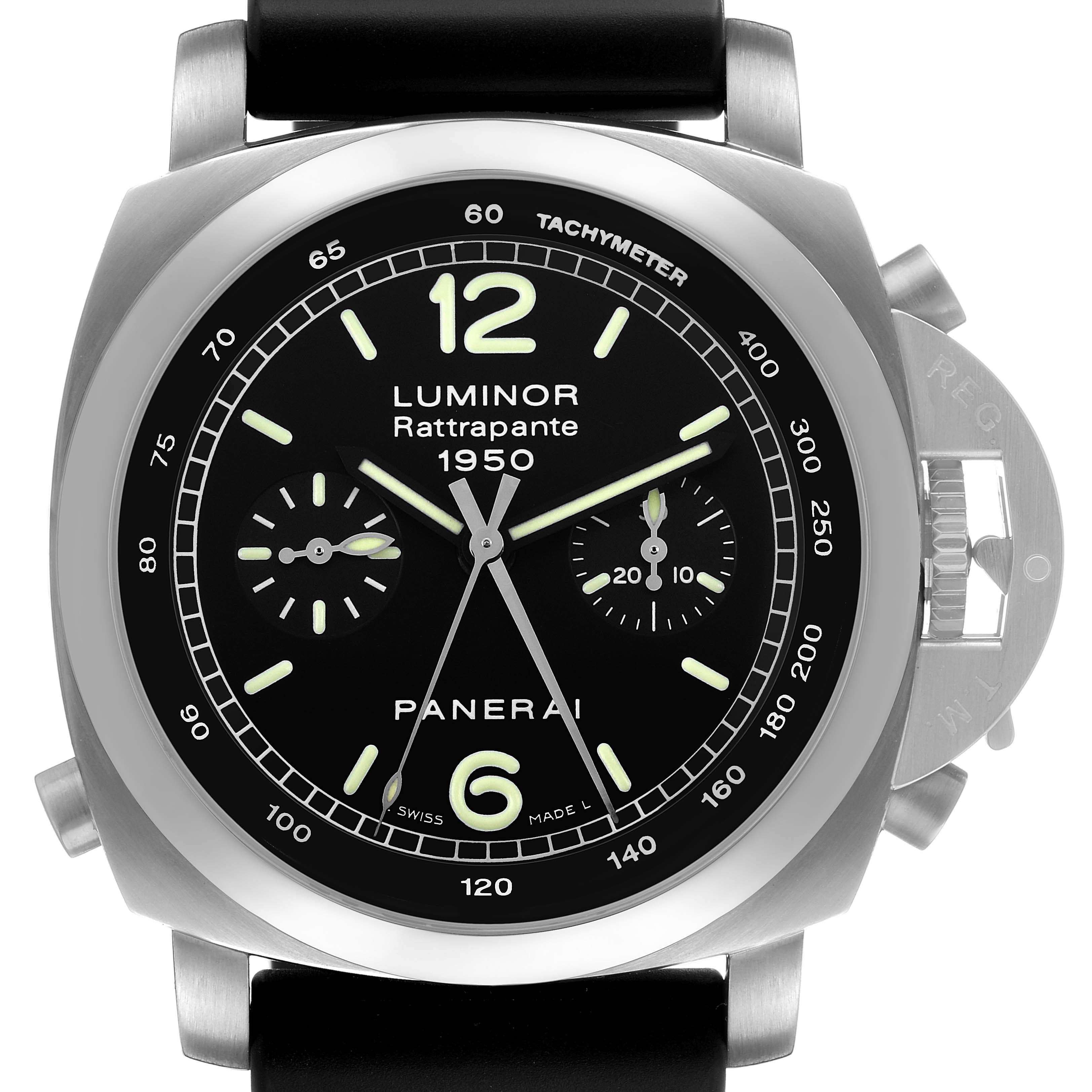 The Panerai Luminor PAM00213 Men's Stainless Steel Black Dial watch is shown head-on, highlighting its dial, bezel, and crown guard.
