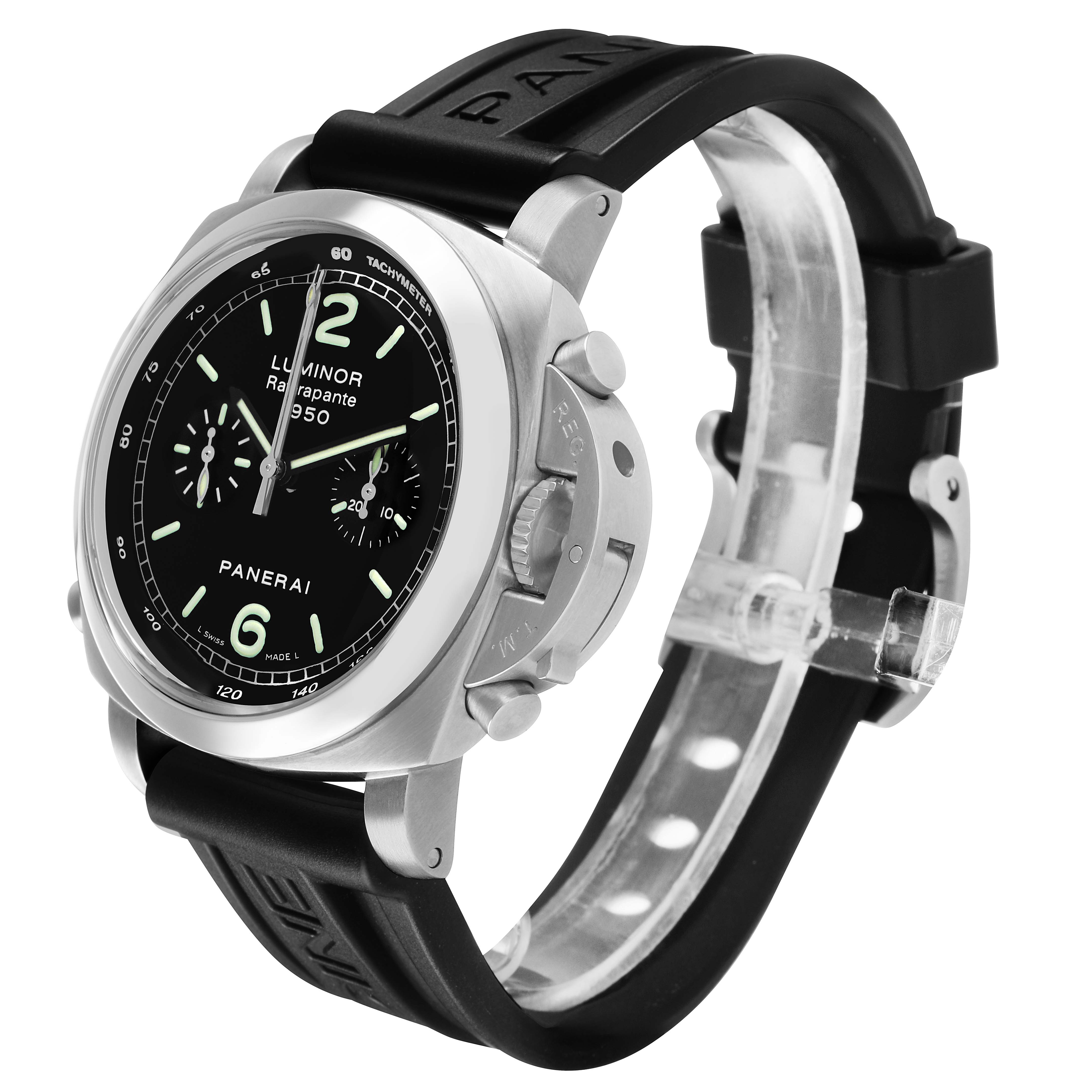 This Panerai Luminor PAM00213 Men's Stainless Steel Black Dial watch is shown at a three-quarter angle, highlighting the dial, crown guard, and rubber strap.