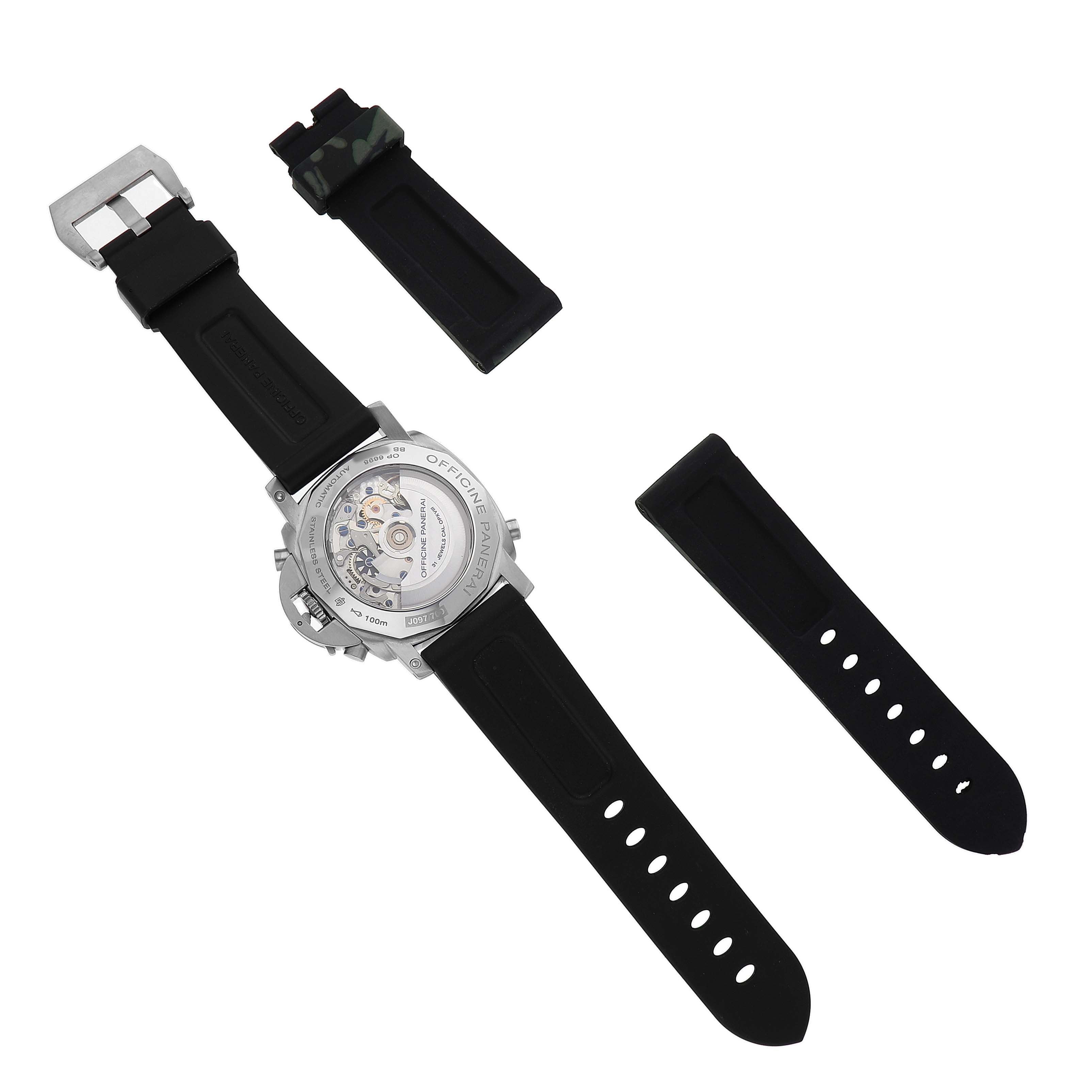 The image shows the back of a Panerai Luminor PAM00213 Men's Stainless Steel Black Dial watch, displaying its movement and including extra strap pieces.