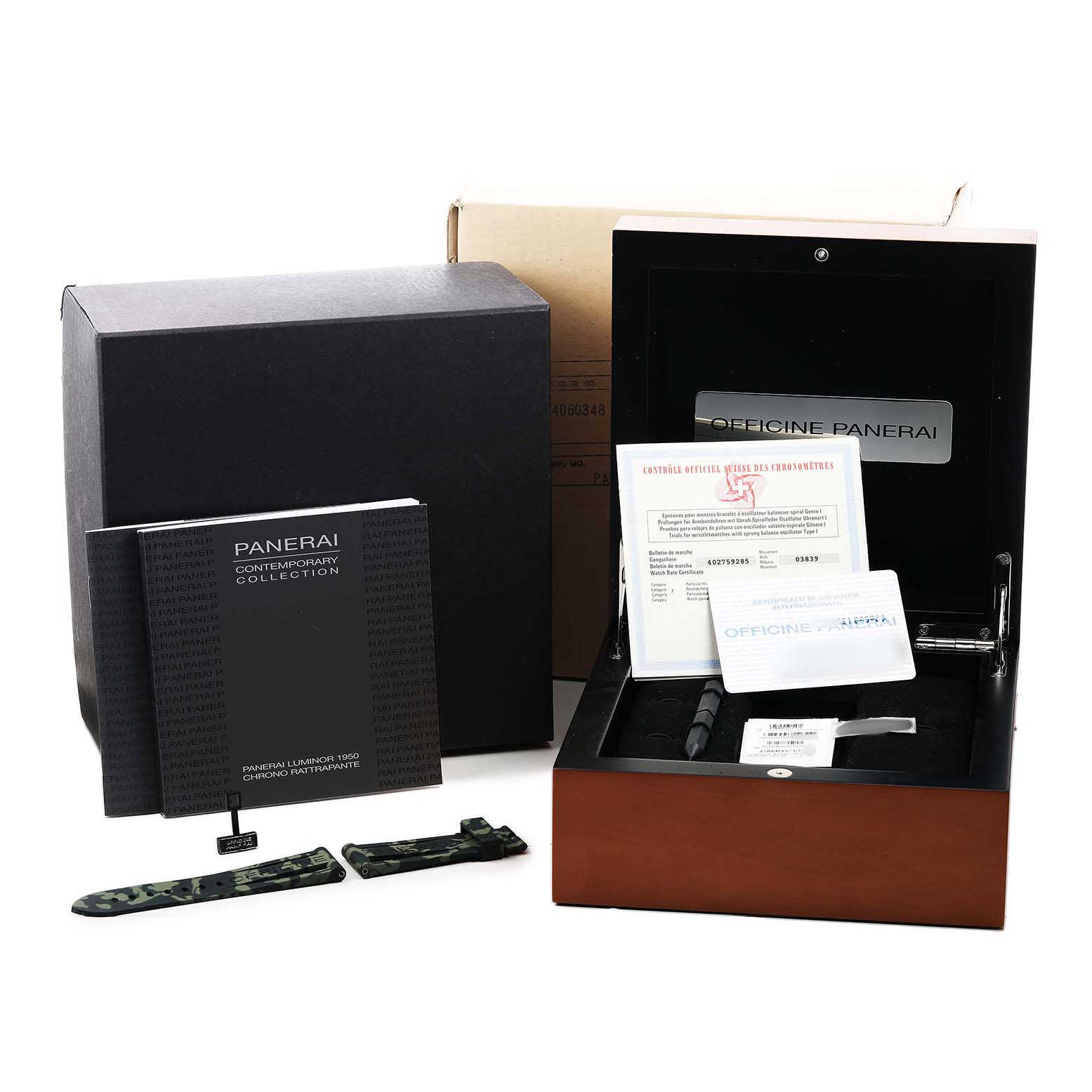 The Panerai Luminor PAM00213 Men's Stainless Steel Black Dial watch package includes a presentation box, documentation, and camouflage straps, shown from a front angle.