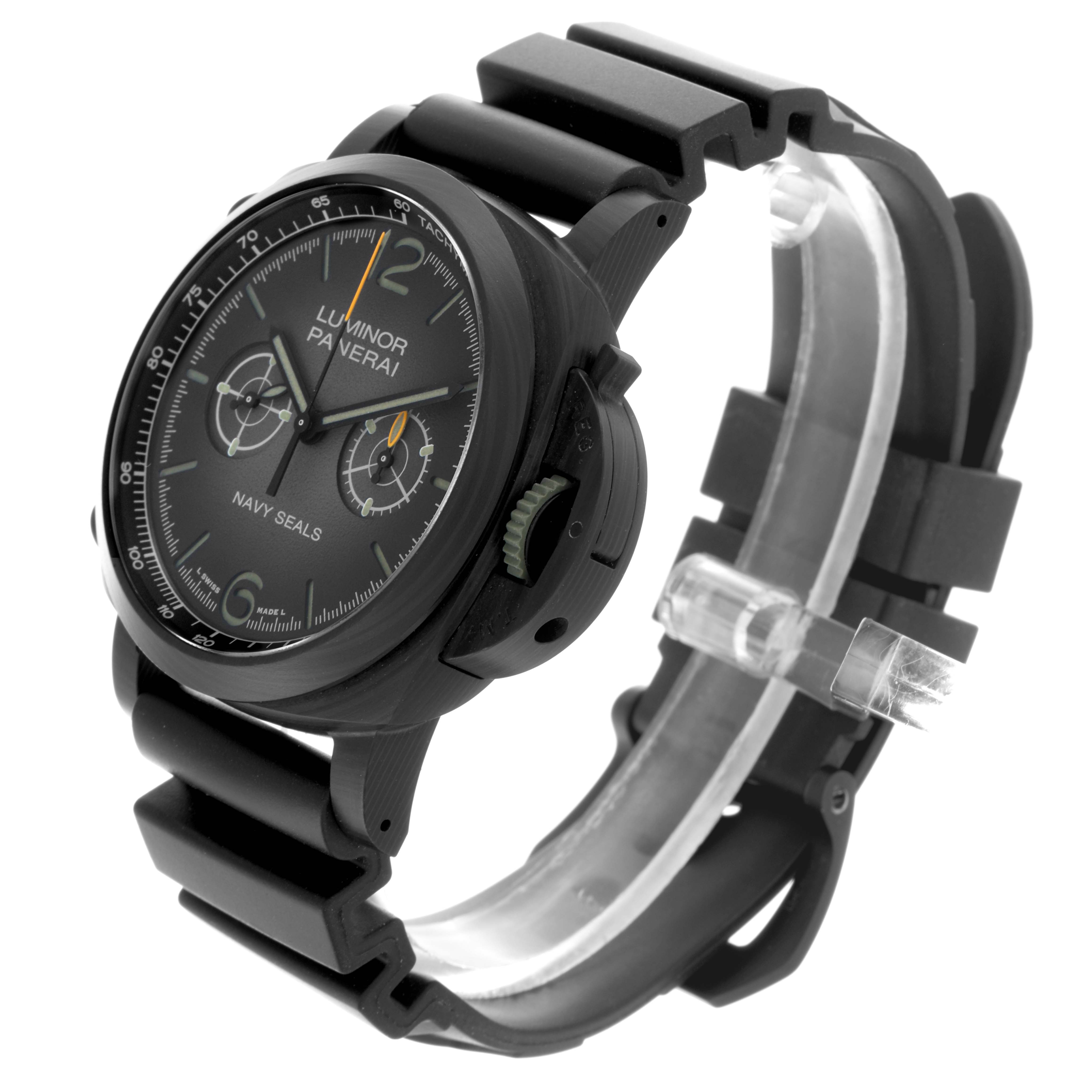 The Panerai Luminor PAM01419 Men's Ceramic Black Dial PAM01419 Men's Ceramic Black Dial watch is shown at a slight angle, highlighting the face, crown guard, and black strap with buckle.