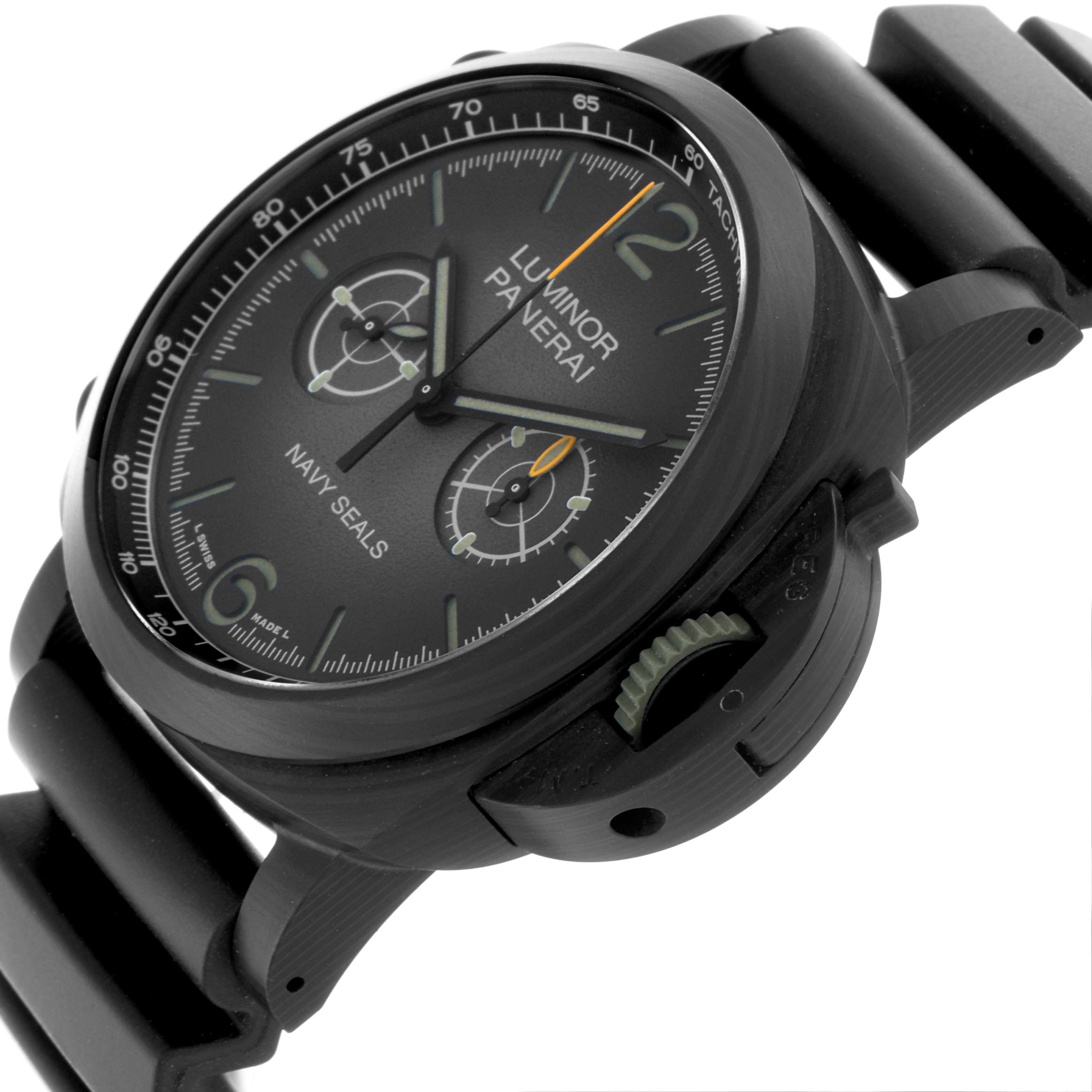 The Panerai Luminor PAM01419 Men's Ceramic Black Dial PAM01419 Men's Ceramic Black Dial watch is shown from a side angle, highlighting the dial, crown guard, and part of the strap.