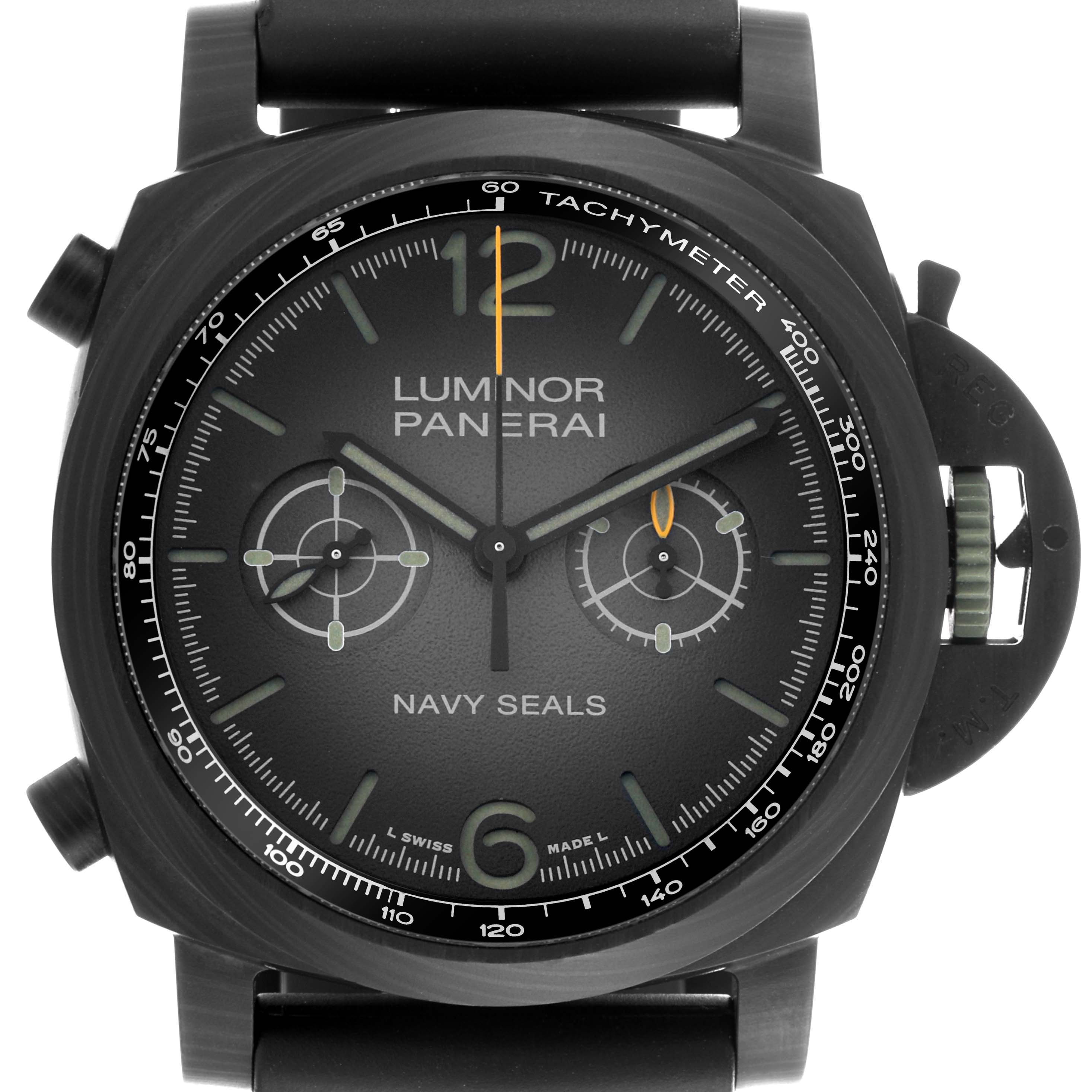 The Panerai Luminor PAM01419 Men's Ceramic Black Dial PAM01419 Men's Ceramic Black Dial watch is shown from a front angle, displaying the dial, subdials, and crown guard.