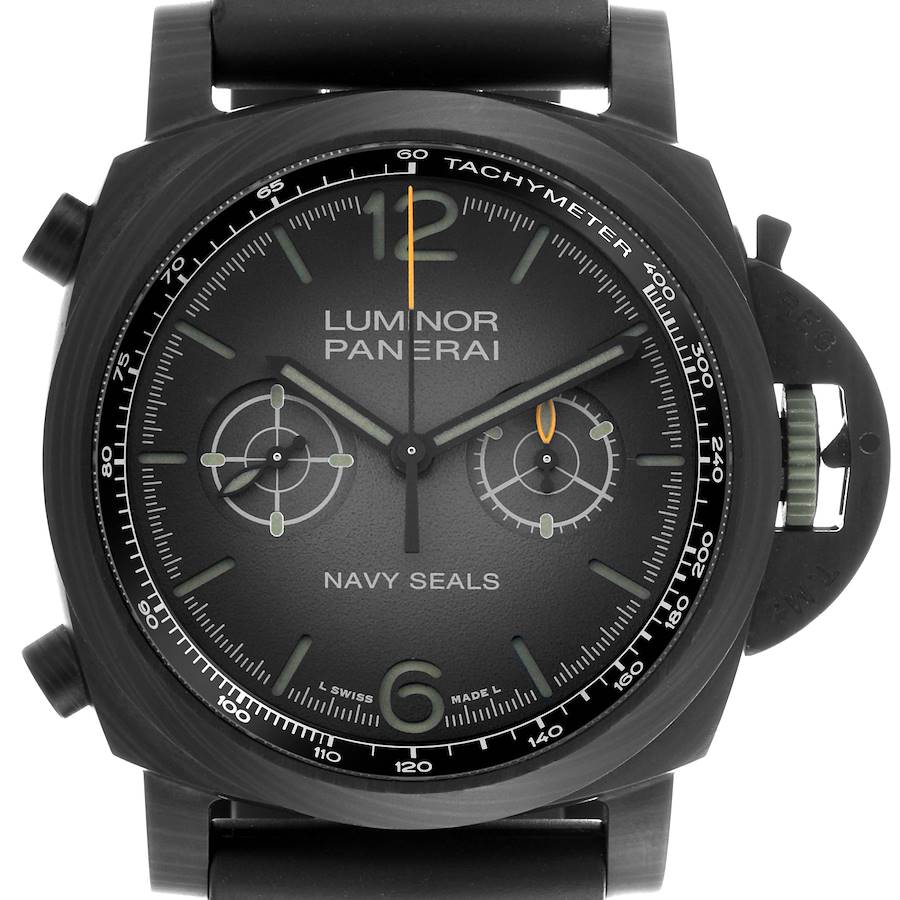 The Panerai Luminor watch is shown from a front angle, displaying the dial, subdials, and crown guard.