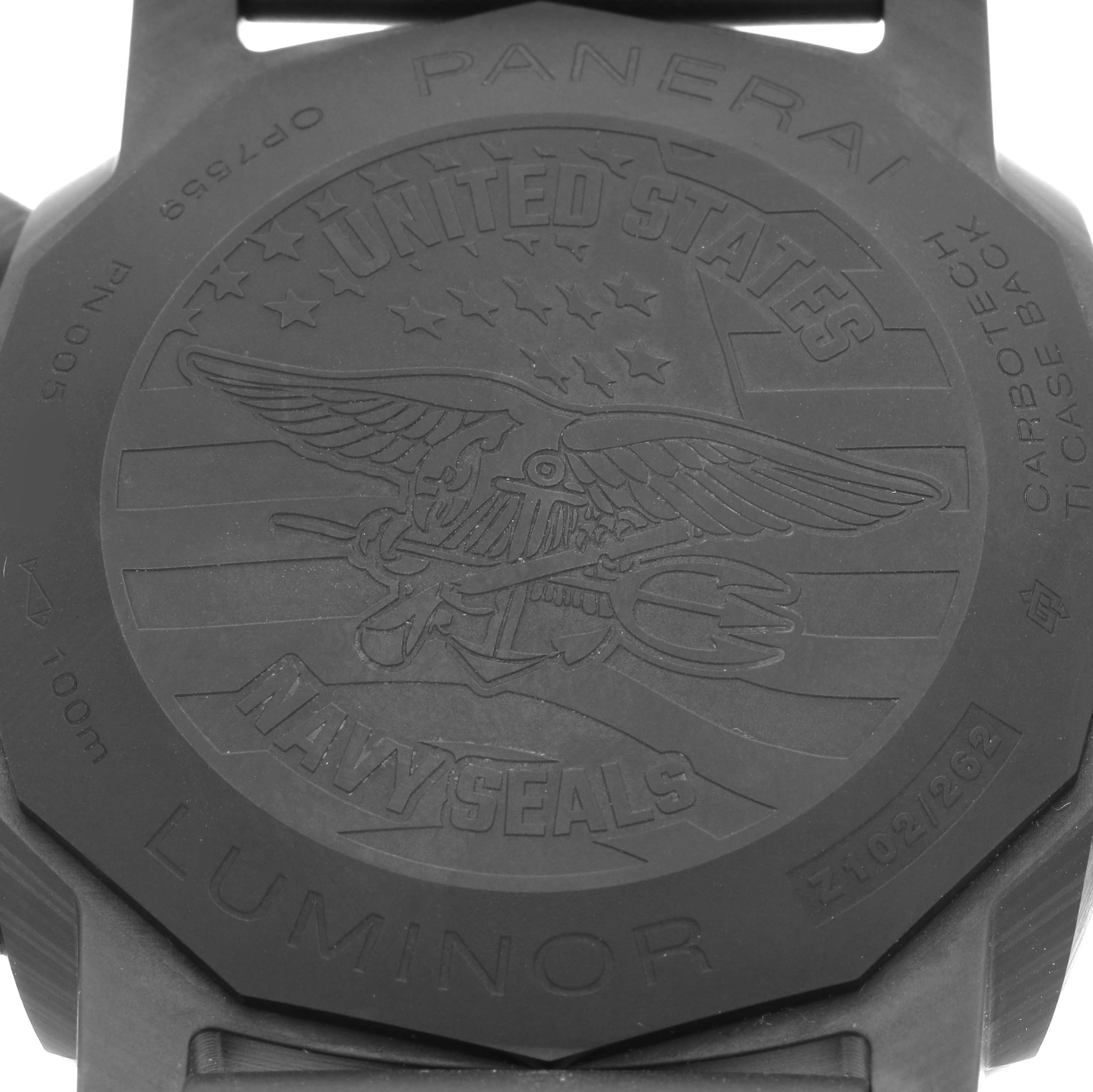 The image shows the back of a Panerai Luminor PAM01419 Men's Ceramic Black Dial PAM01419 Men's Ceramic Black Dial watch, featuring an engraved design with "United States Navy Seals."