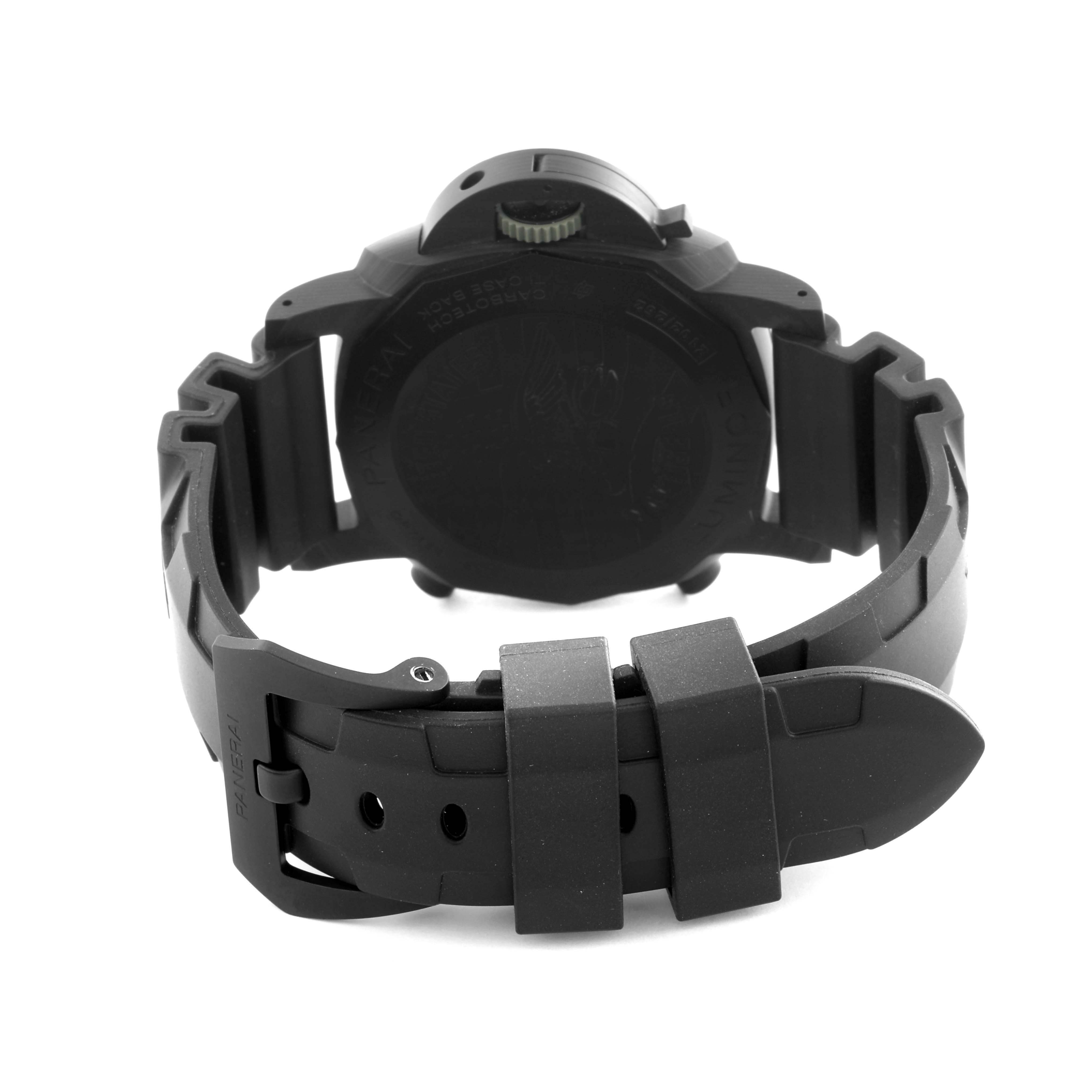 The image shows the back of the Panerai Luminor PAM01419 Men's Ceramic Black Dial PAM01419 Men's Ceramic Black Dial watch, highlighting the case back, strap, and clasp.