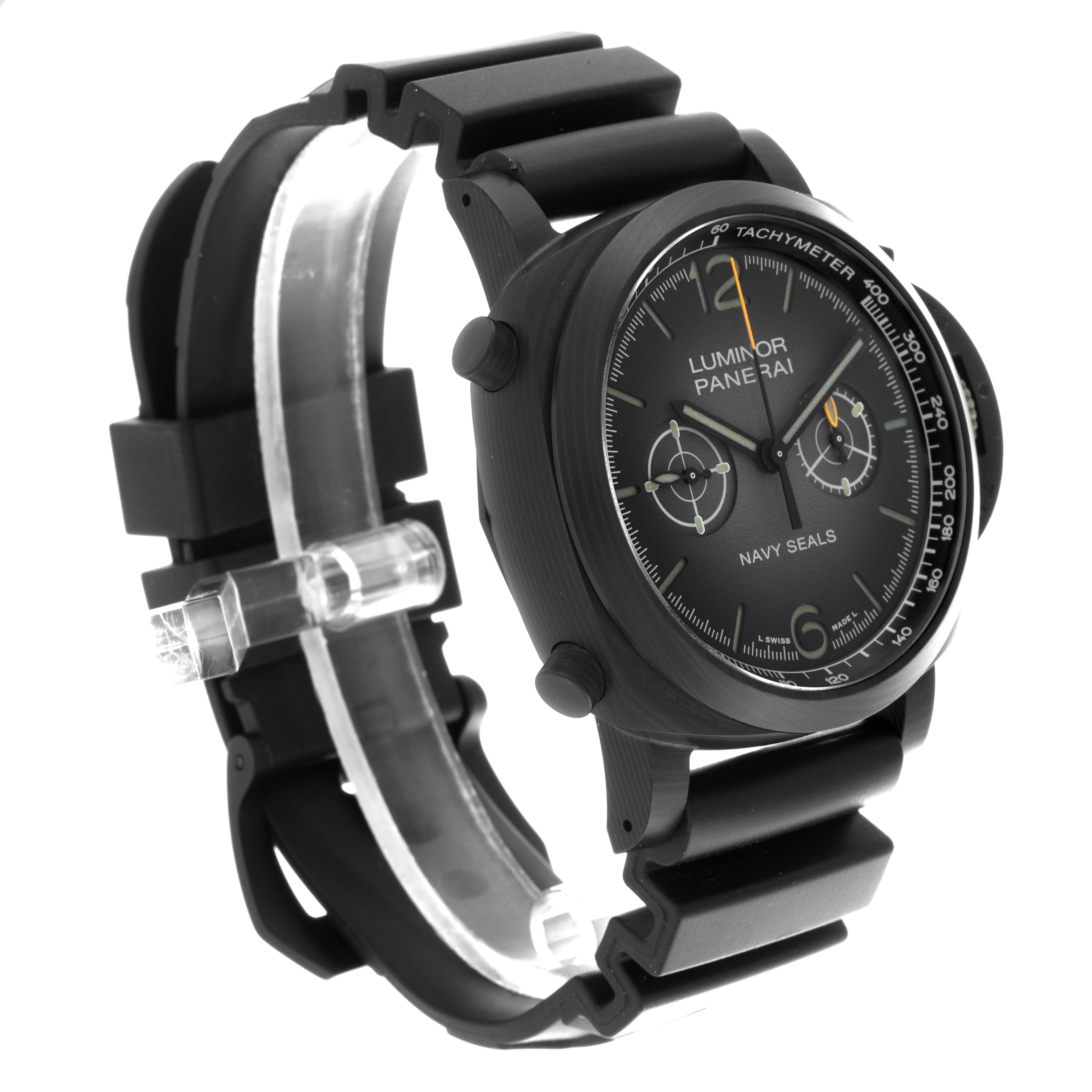 The Panerai Luminor PAM01419 Men's Ceramic Black Dial PAM01419 Men's Ceramic Black Dial watch is shown at a three-quarter angle, highlighting the black dial, pushers, and rubber strap.