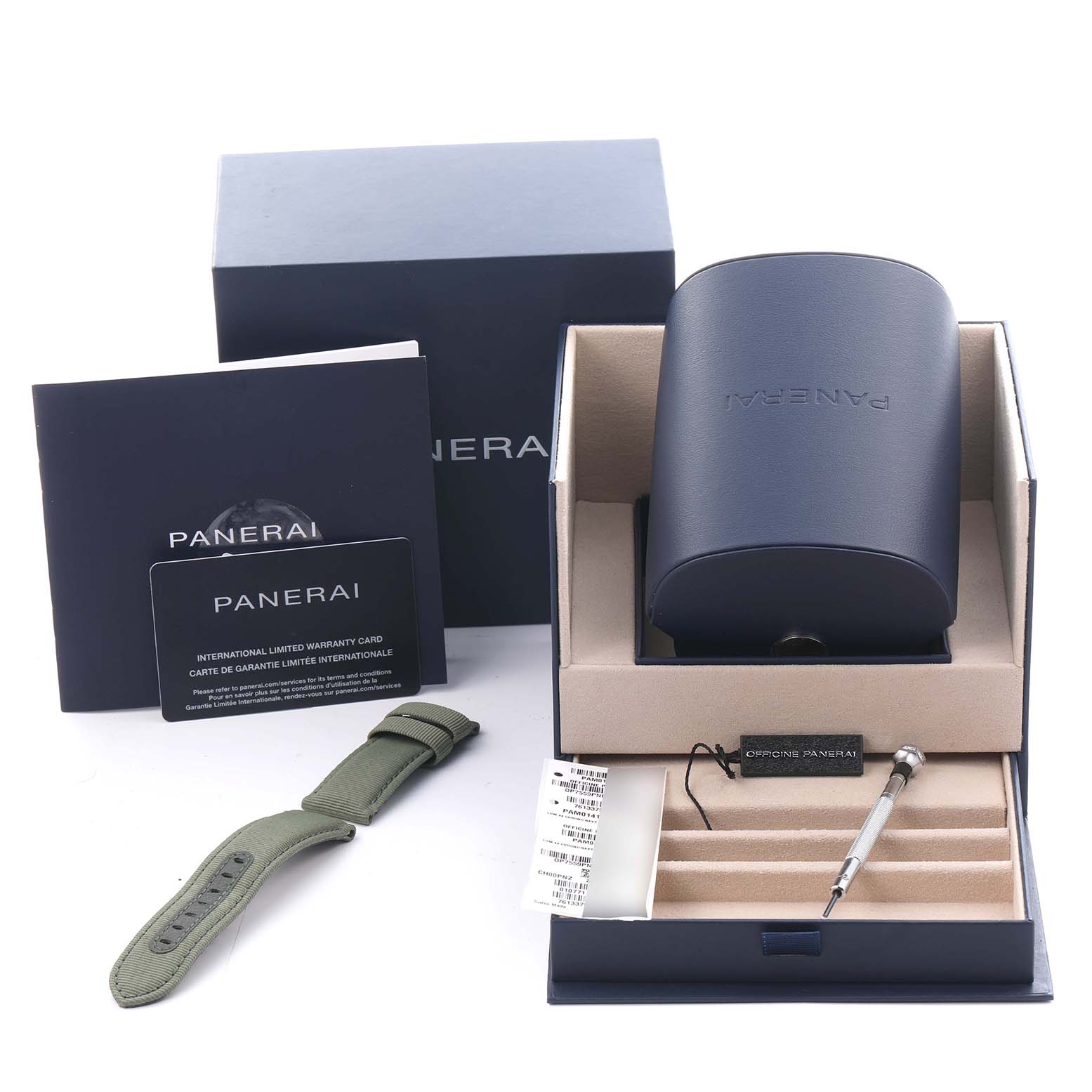 The image shows Panerai Luminor PAM01419 Men's Ceramic Black Dial PAM01419 Men's Ceramic Black Dial packaging, including a box, a green strap, and a tool, viewed from above.