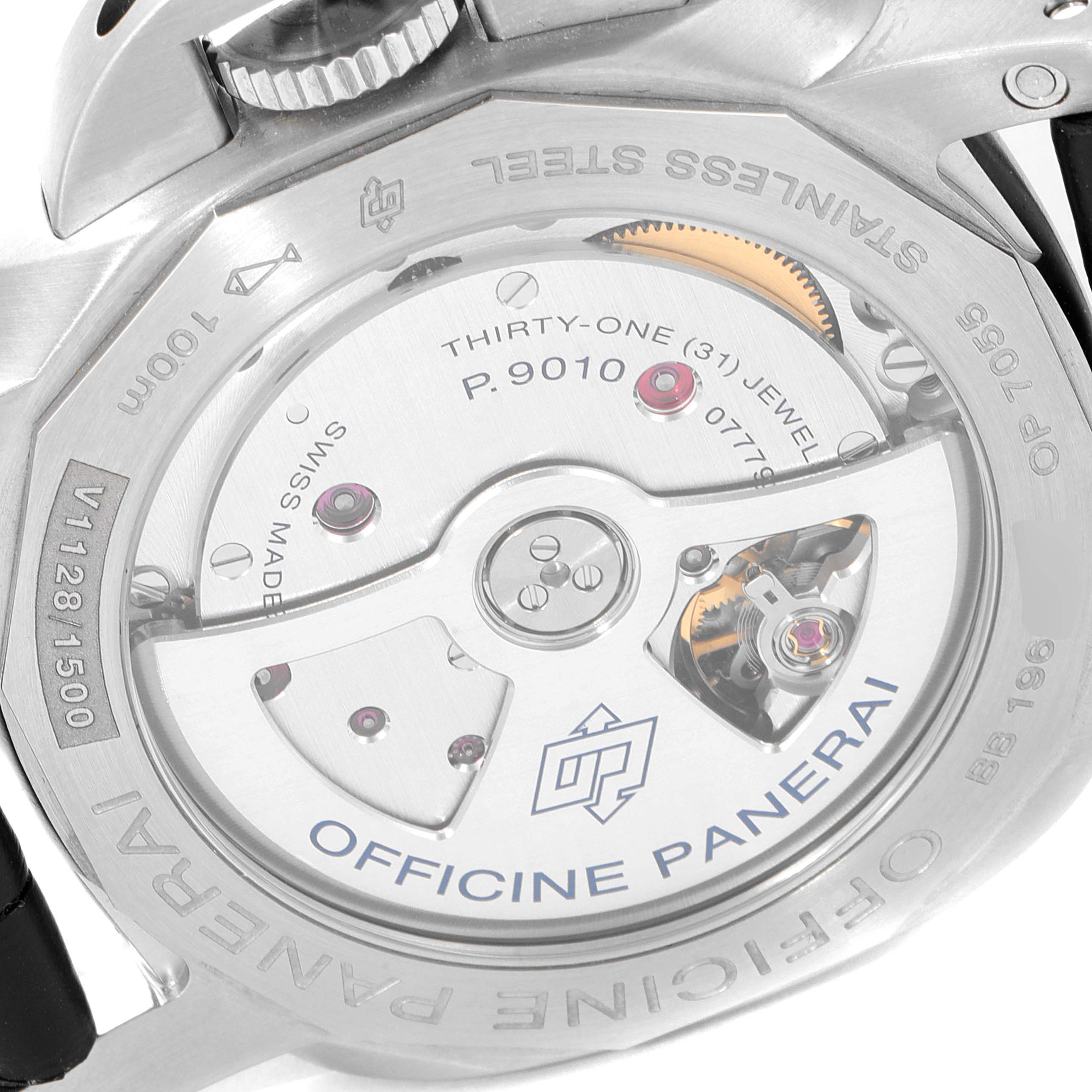 The image displays the back of a Panerai Luminor PAM01392 Men
s Stainless Steel Black Dial PAM01392 Men
s Stainless Steel Black Dial watch, showcasing the internal movement and engravings on the caseback.