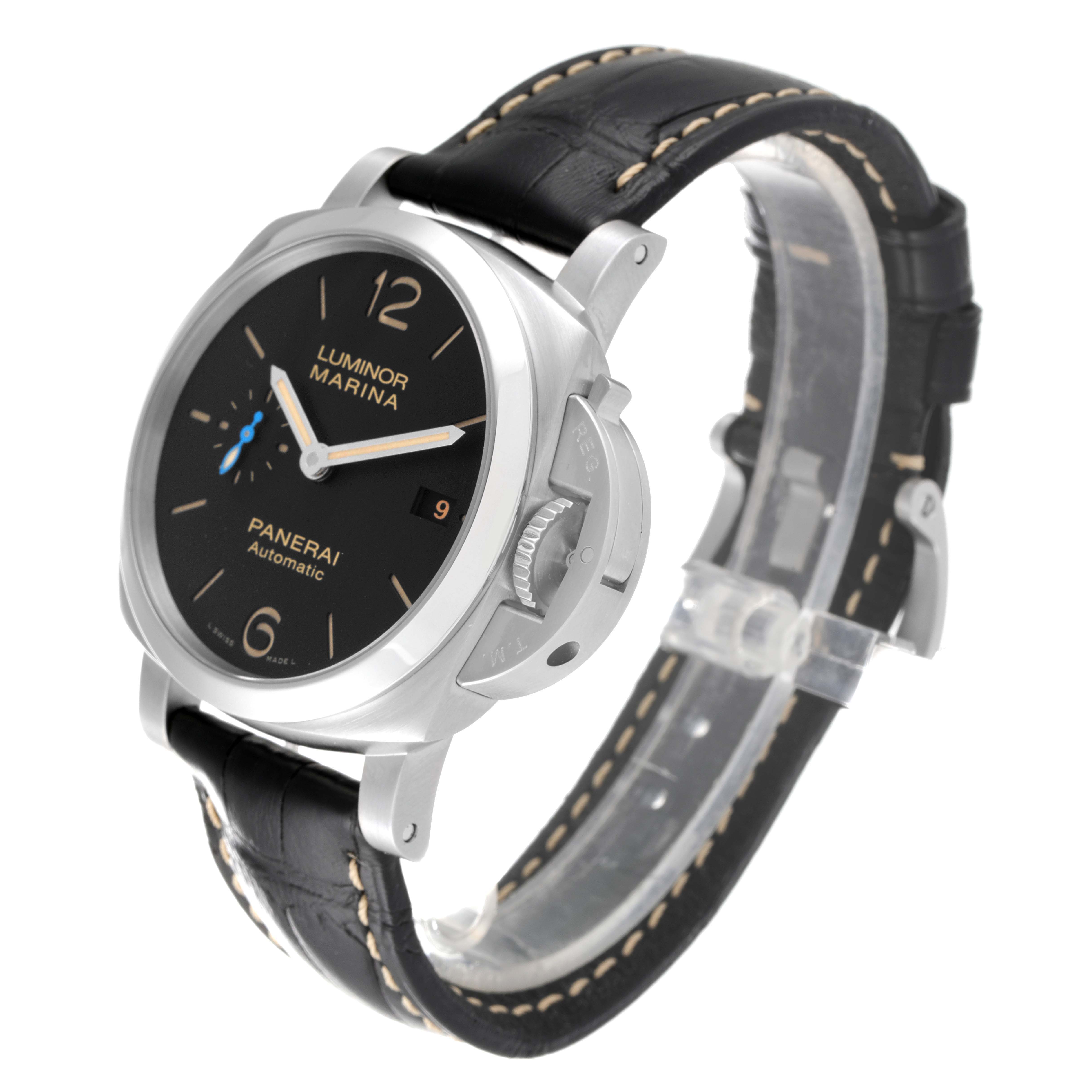 The image shows a front-left angled view of a Panerai Luminor PAM01392 Men
s Stainless Steel Black Dial PAM01392 Men
s Stainless Steel Black Dial Marina watch, showcasing its dial, crown guard, and leather strap.