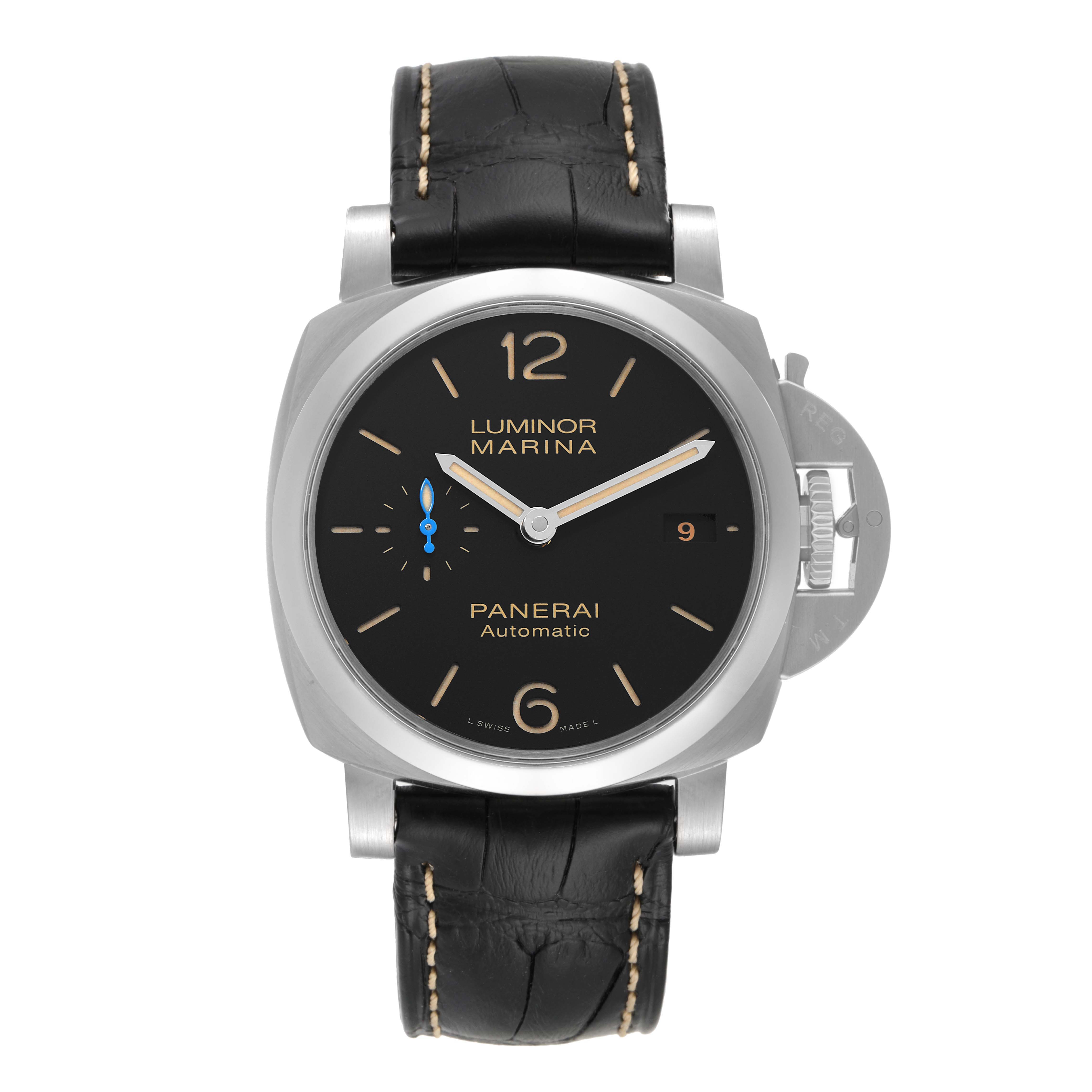 This image shows a front view of the Panerai Luminor PAM01392 Men
s Stainless Steel Black Dial PAM01392 Men
s Stainless Steel Black Dial watch, displaying its dial, case, and leather strap.