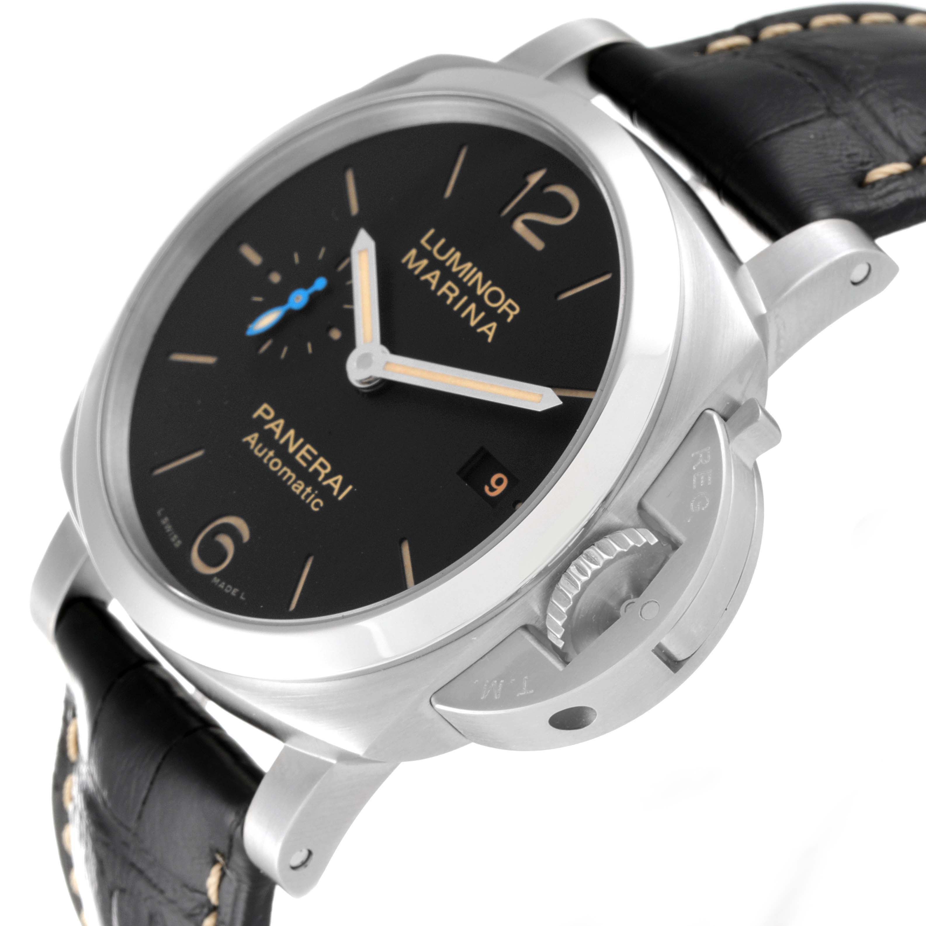 The image shows a Panerai Luminor PAM01392 Men
s Stainless Steel Black Dial PAM01392 Men
s Stainless Steel Black Dial Marina watch at an angle highlighting the dial, crown guard, and leather strap.