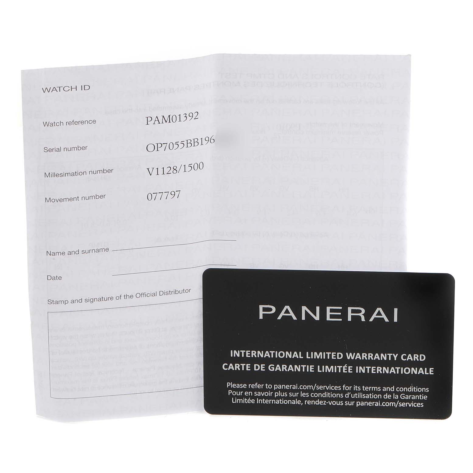 The image shows a Panerai Luminor PAM01392 Men
s Stainless Steel Black Dial PAM01392 Men
s Stainless Steel Black Dial model
s warranty card and associated documentation.