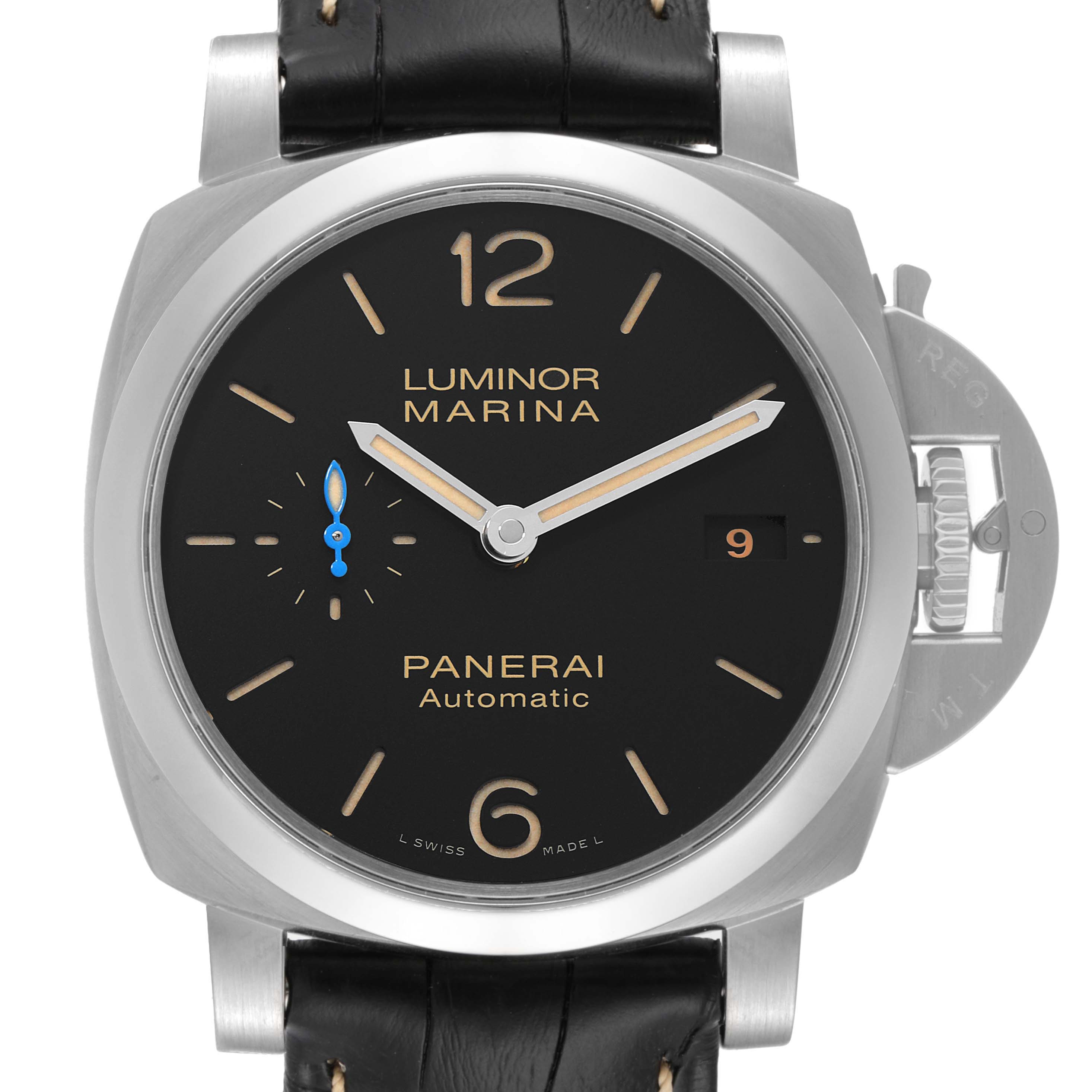 The image shows a front view of a Panerai Luminor PAM01392 Men
s Stainless Steel Black Dial PAM01392 Men
s Stainless Steel Black Dial Marina watch with its full dial and part of the leather strap visible.