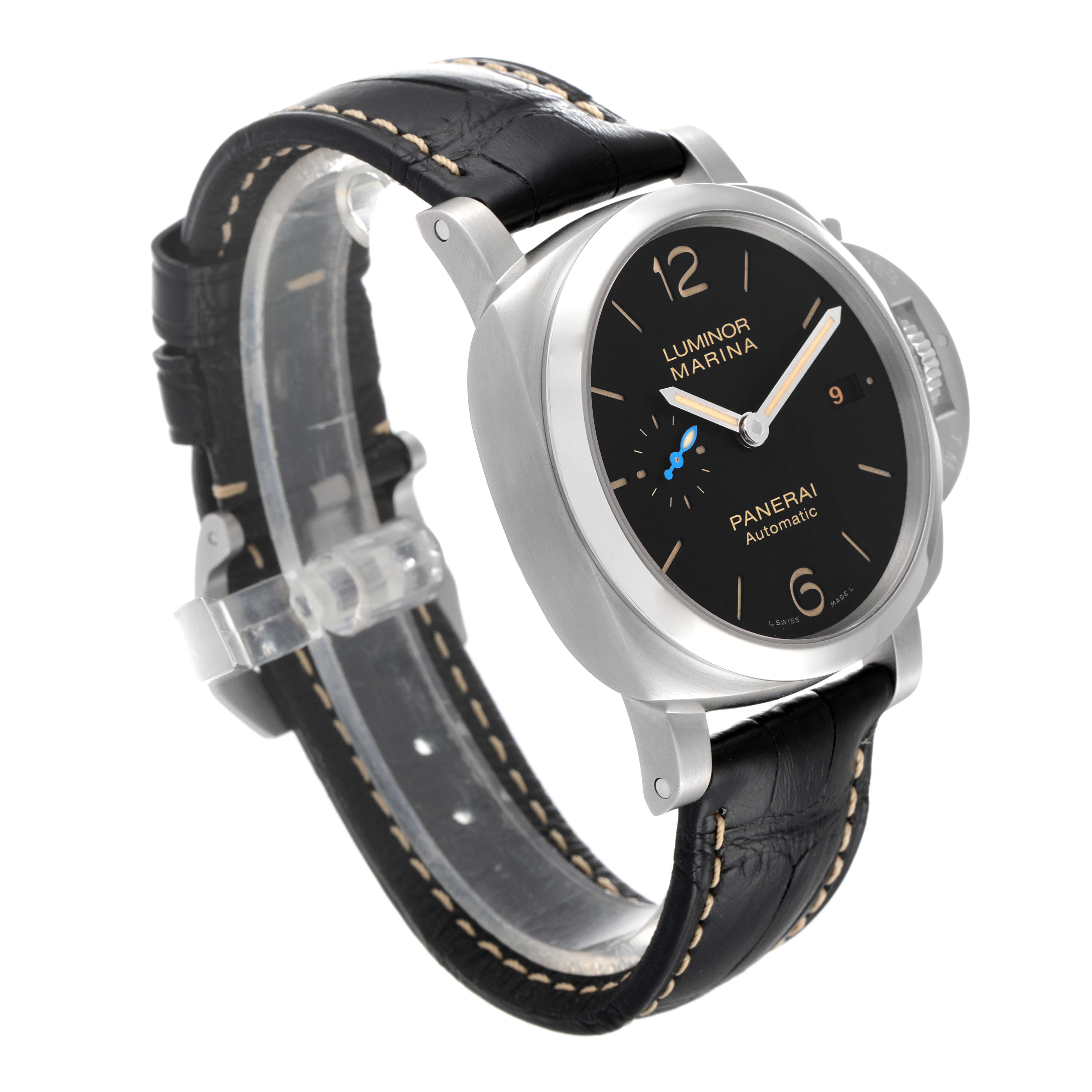 The Panerai Luminor PAM01392 Men
s Stainless Steel Black Dial PAM01392 Men
s Stainless Steel Black Dial watch is shown at a three-quarter angle, revealing the face, case, and black leather strap.
