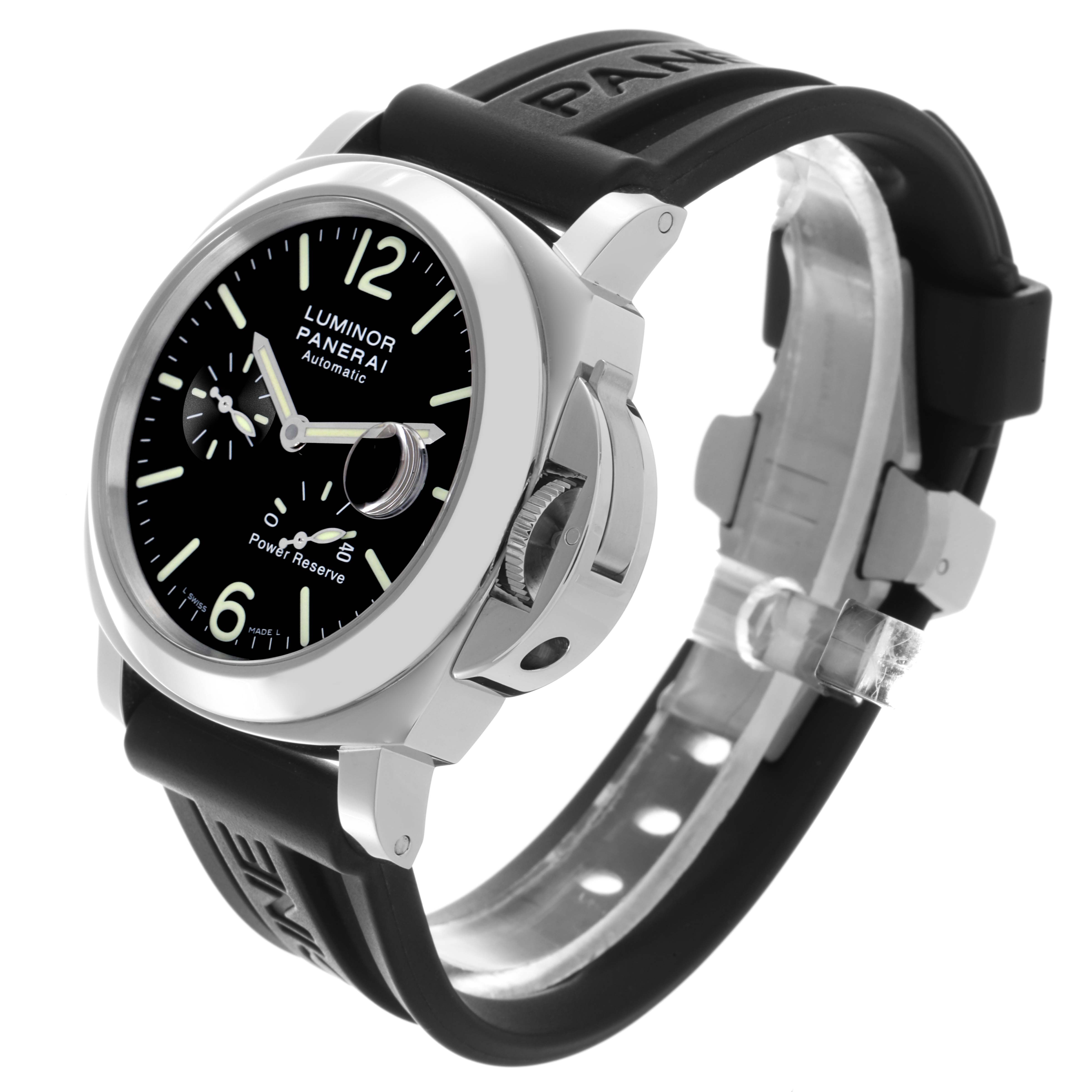 The image shows a Panerai Luminor PAM00090 Men's Stainless Steel Black Dial PAM00090 Men's Stainless Steel Black Dial watch at a three-quarter angle, displaying the dial, crown guard, and strap.