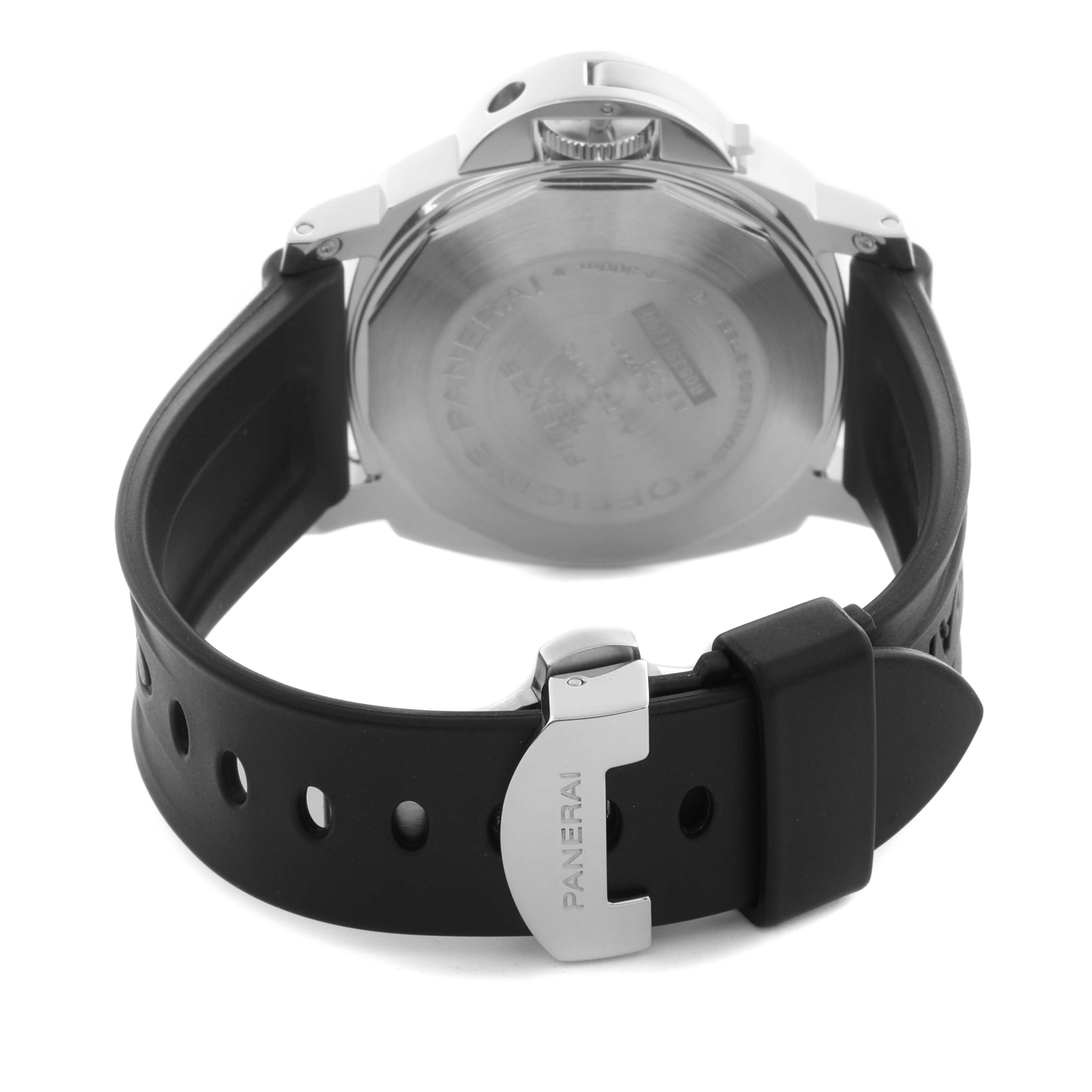 The image shows the back of a Panerai Luminor PAM00090 Men's Stainless Steel Black Dial PAM00090 Men's Stainless Steel Black Dial watch, featuring a metal case back, crown, and rubber strap with a Panerai buckle.