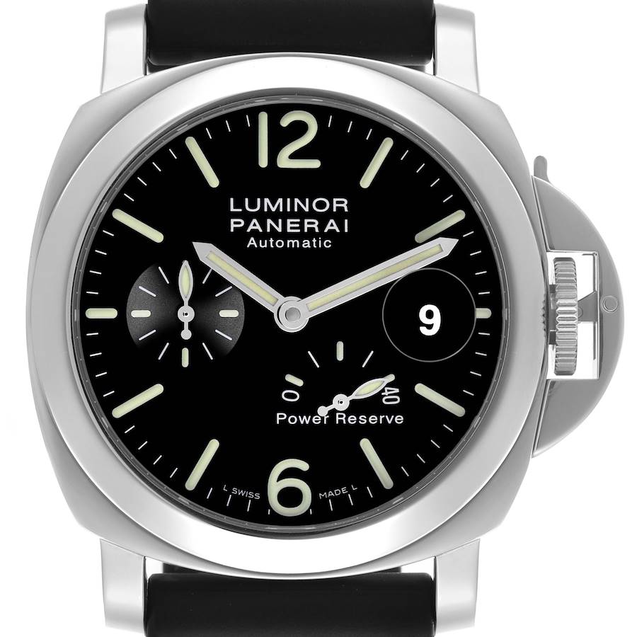 The Panerai Luminor watch is shown from a front angle, displaying its dial, crown guard, and luminous markers.