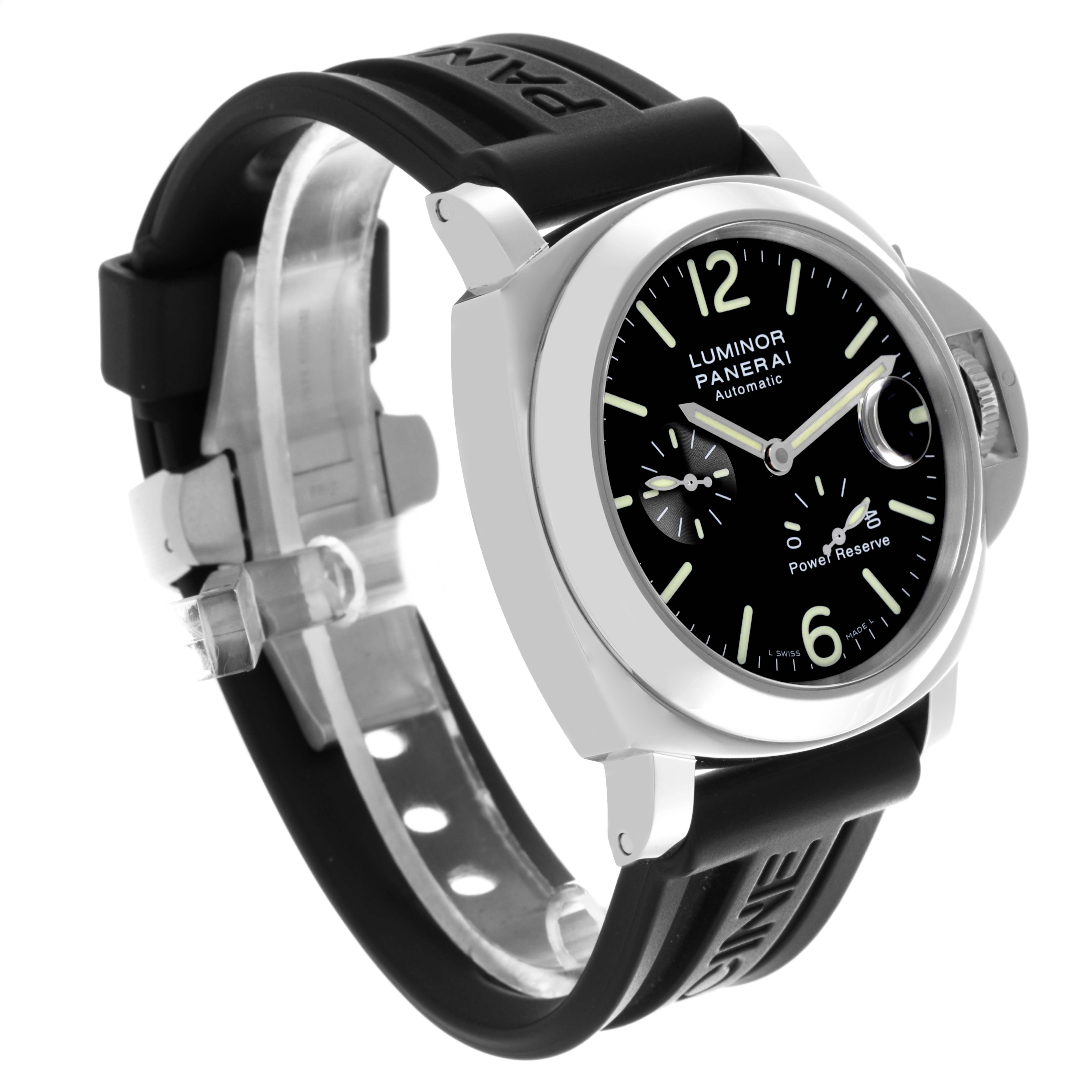 The Panerai Luminor PAM00090 Men's Stainless Steel Black Dial PAM00090 Men's Stainless Steel Black Dial watch is shown at a three-quarter angle, highlighting the face, bezel, and strap.