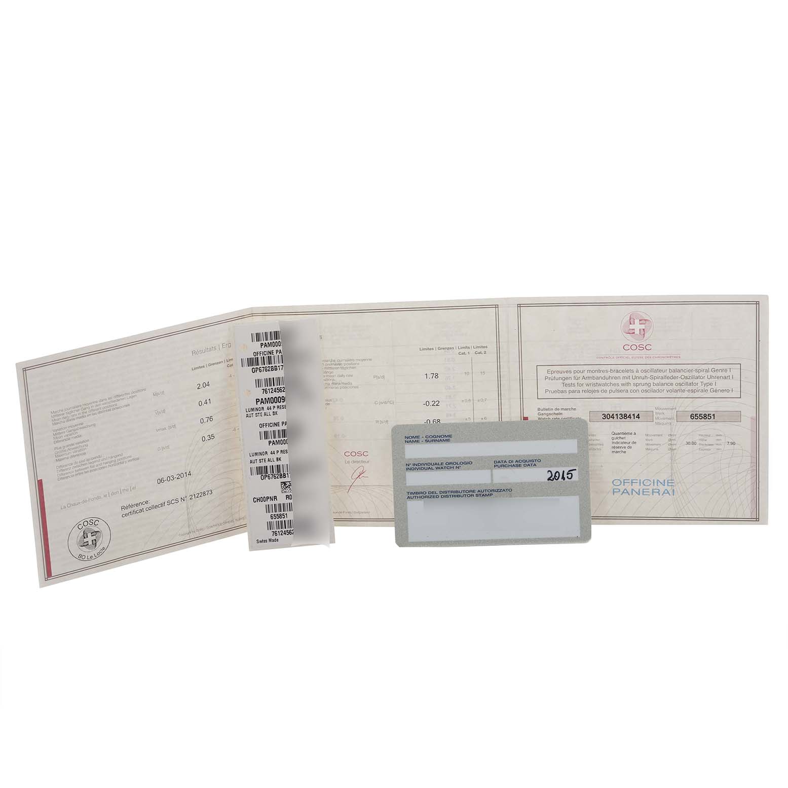 The image shows Panerai Luminor PAM00090 Men's Stainless Steel Black Dial PAM00090 Men's Stainless Steel Black Dial model documentation at a top-down angle, including certificates and a warranty card.