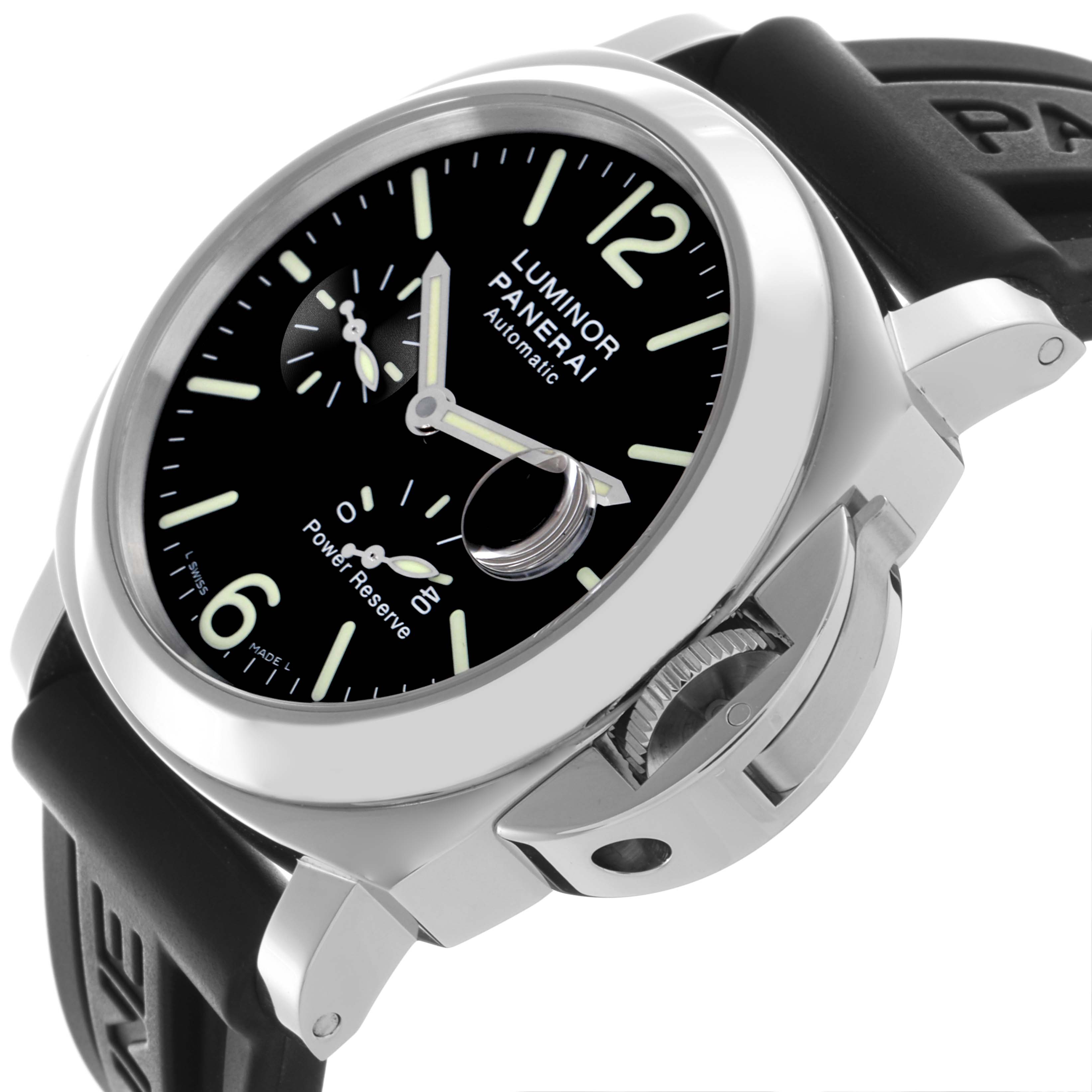 The Panerai Luminor PAM00090 Men's Stainless Steel Black Dial PAM00090 Men's Stainless Steel Black Dial watch is shown at an angled view, highlighting the dial, case, crown guard, and strap.