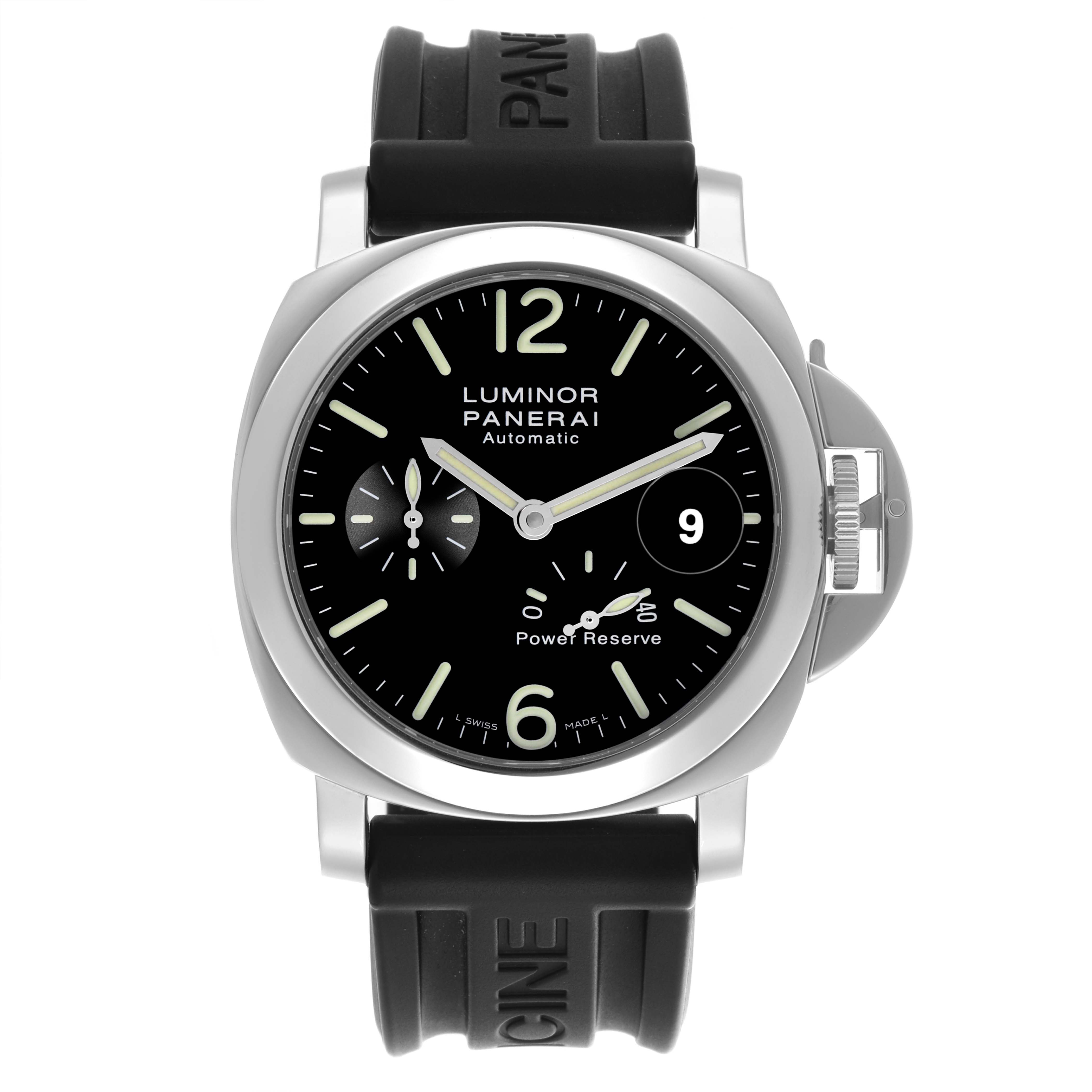 The Panerai Luminor PAM00090 Men's Stainless Steel Black Dial PAM00090 Men's Stainless Steel Black Dial watch is shown from a top-down angle, highlighting the dial, crown guard, and strap.