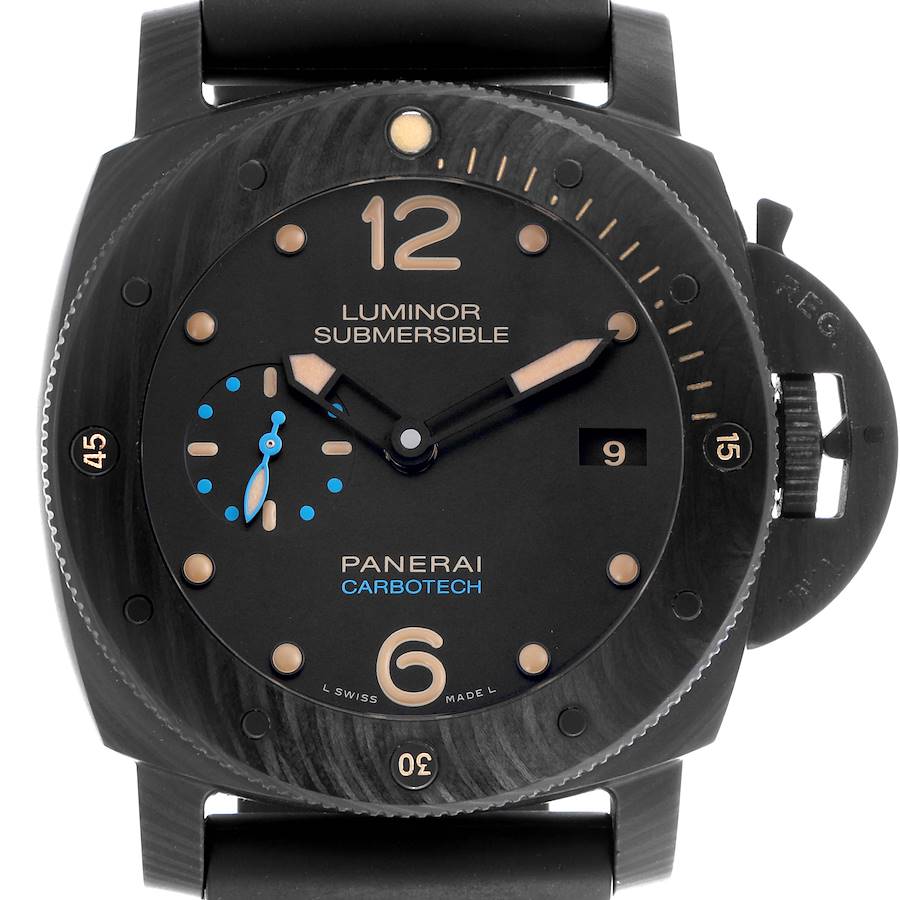 The Panerai Luminor Submersible is shown from the front, highlighting its dial, bezel, and crown guard.