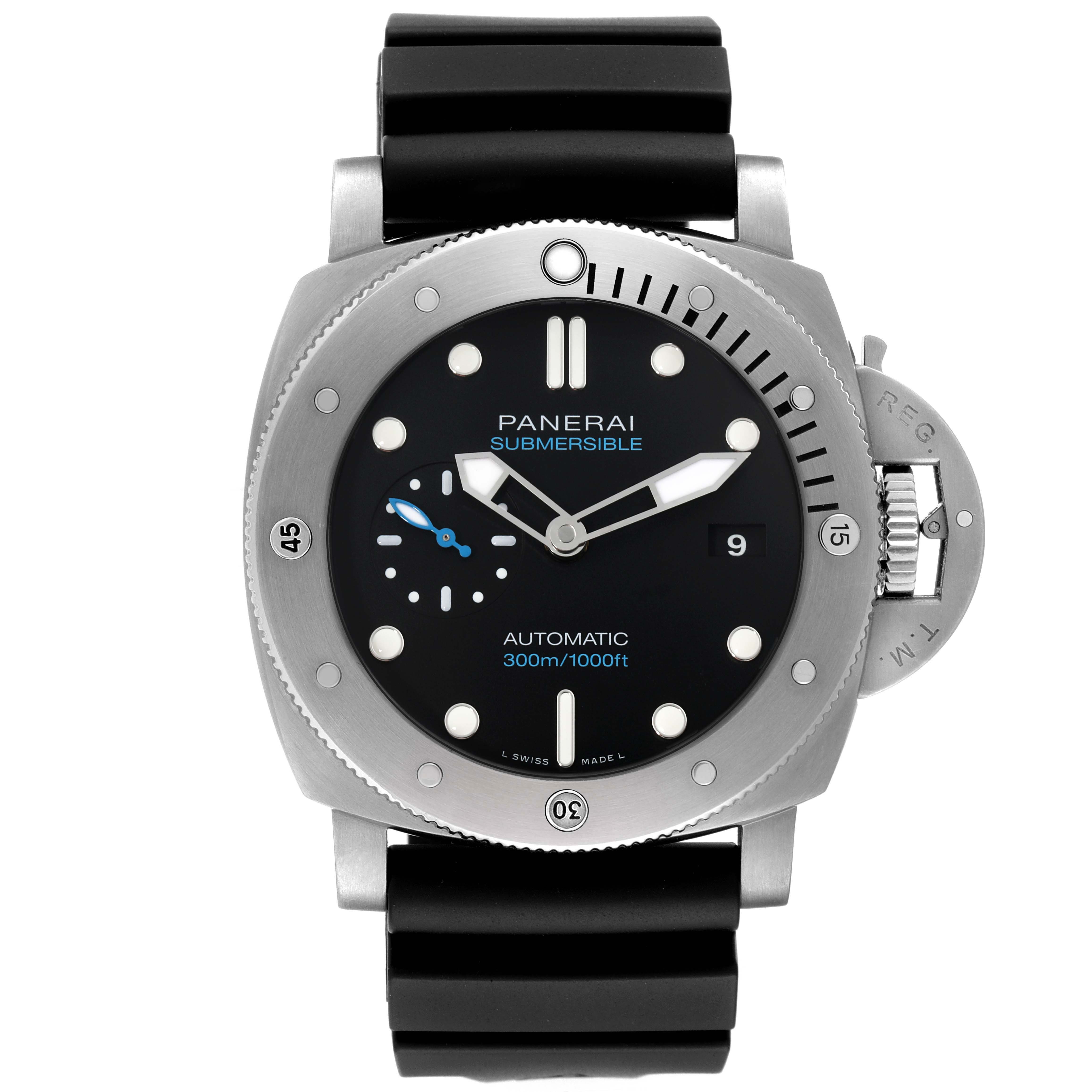 The image shows a frontal view of a Panerai Submersible PAM01305 Men's Titanium Black Dial PAM01305 Men's Titanium Black Dial watch, displaying the face, bezel, crown guard, and rubber strap.