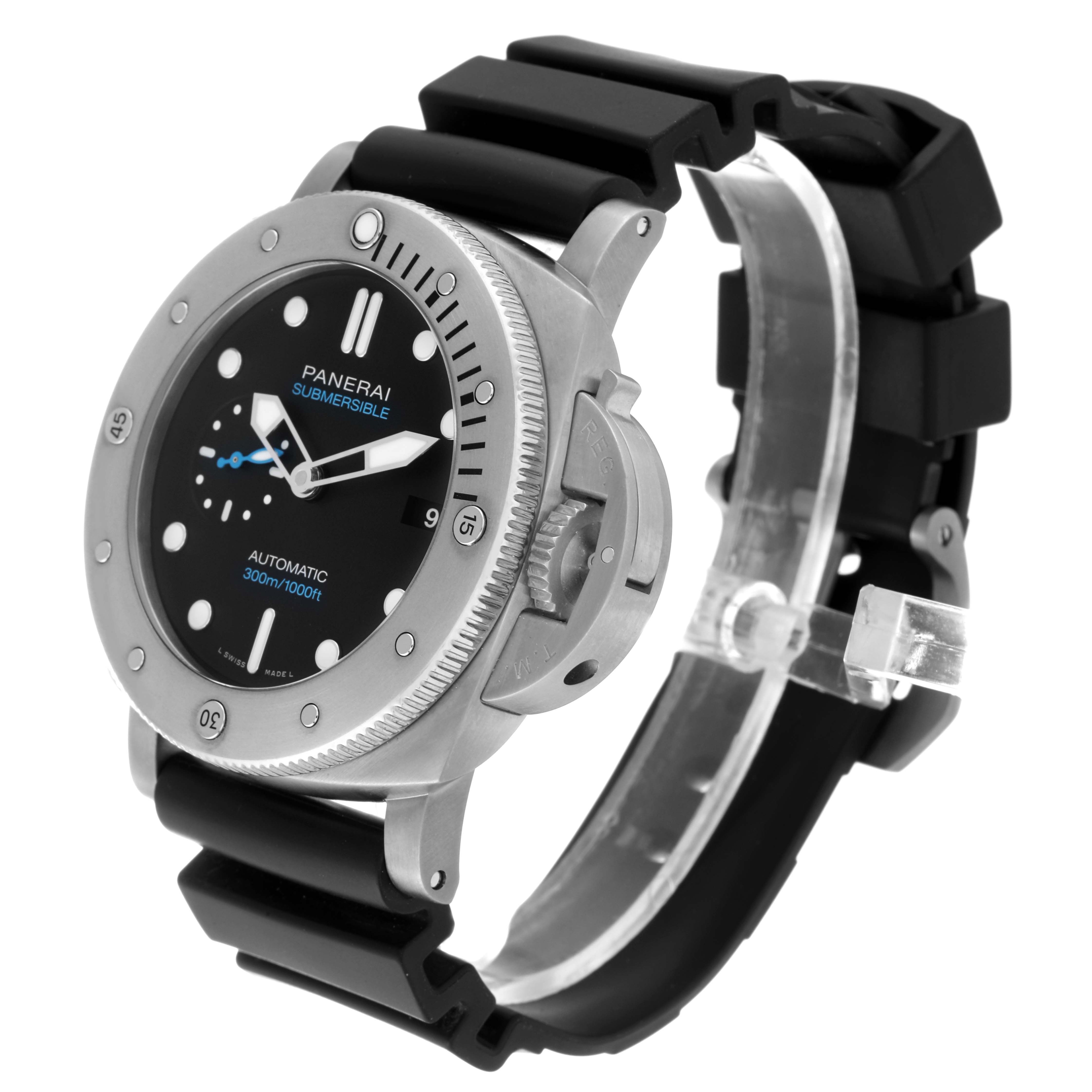 This image shows a Panerai Submersible PAM01305 Men's Titanium Black Dial PAM01305 Men's Titanium Black Dial watch at a three-quarter angle highlighting the dial, bezel, case, and strap.