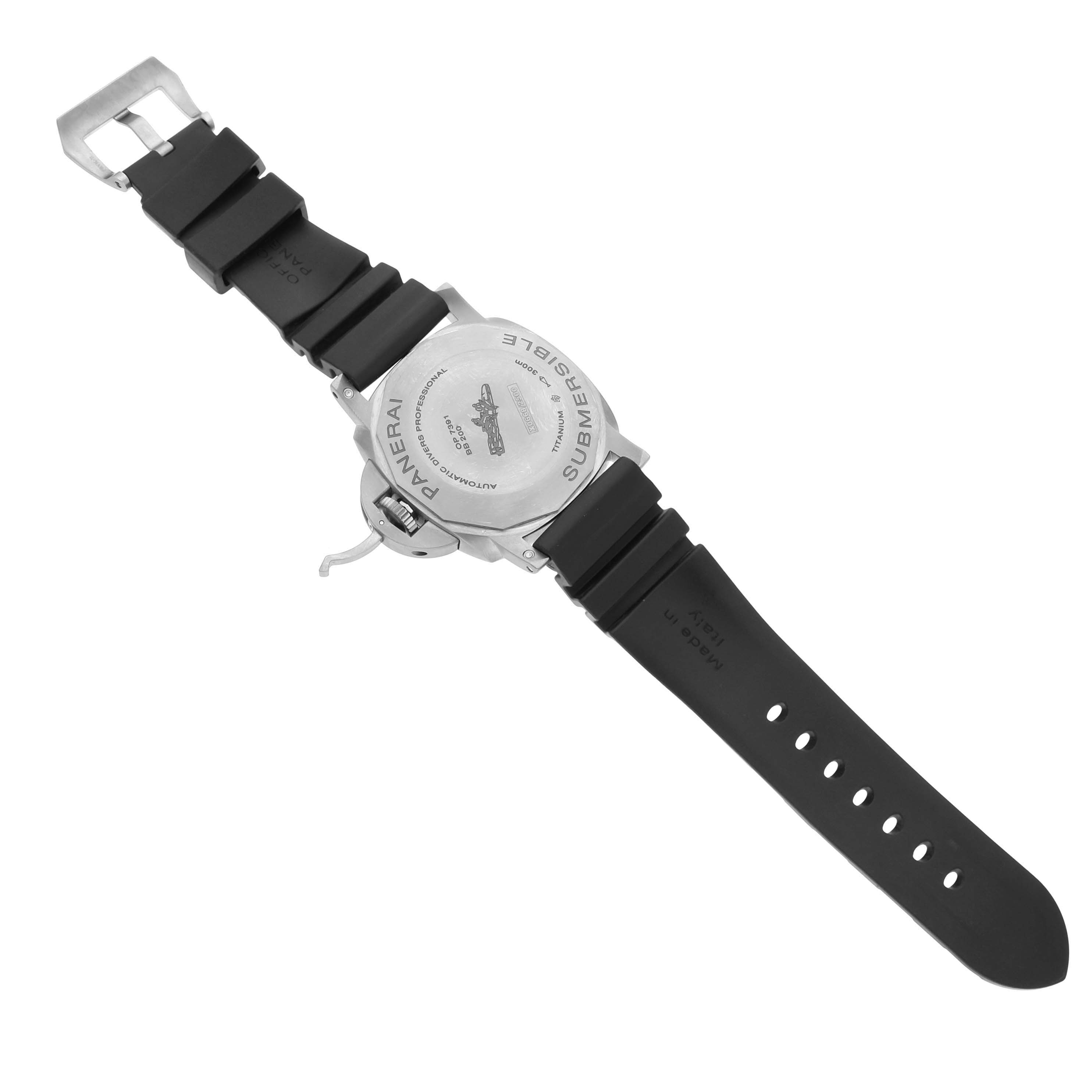 The image shows the back of a Panerai Submersible PAM01305 Men's Titanium Black Dial PAM01305 Men's Titanium Black Dial watch, including the case back and black rubber strap.