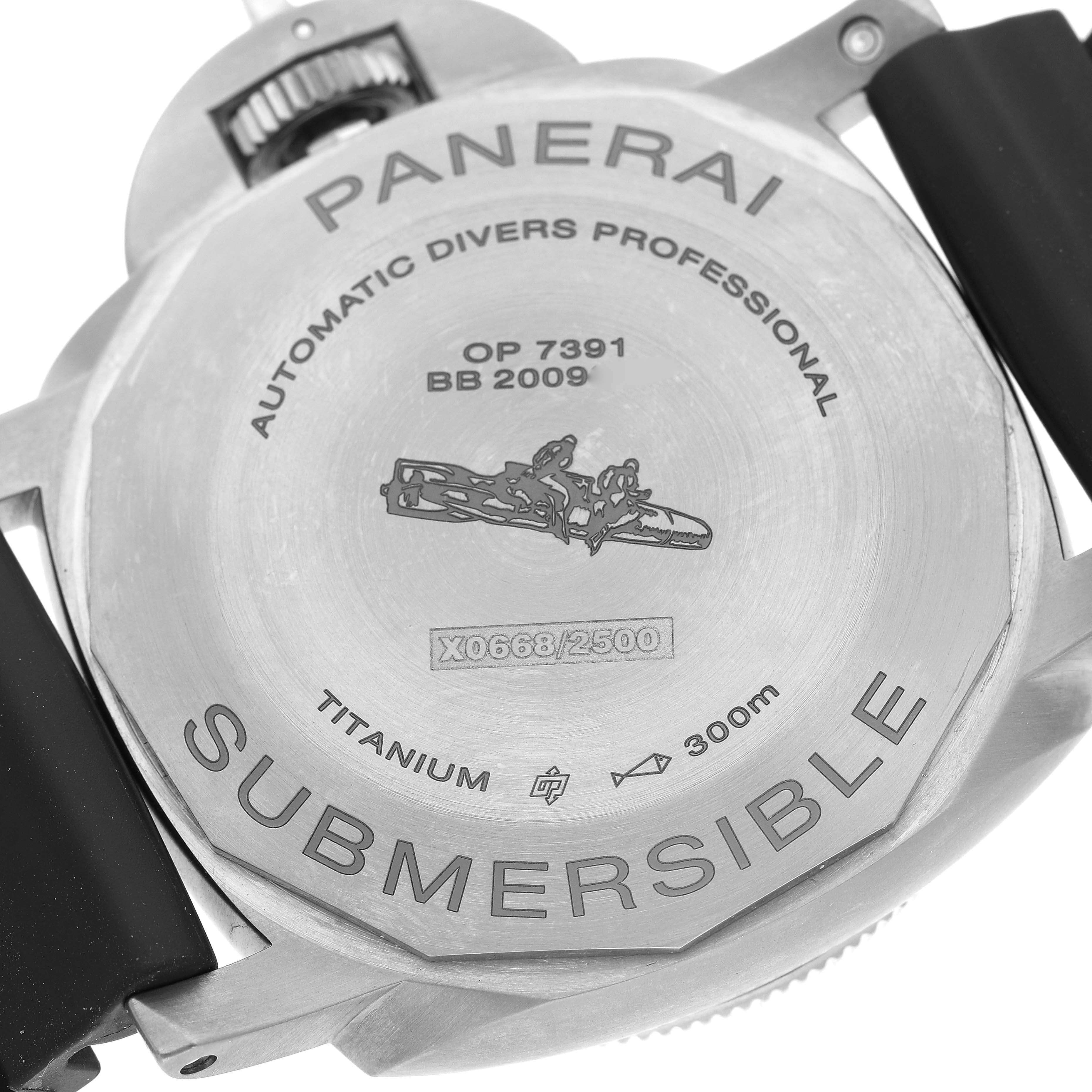 The image shows the case back of a Panerai Submersible PAM01305 Men's Titanium Black Dial PAM01305 Men's Titanium Black Dial watch, highlighting its model details and specifications.