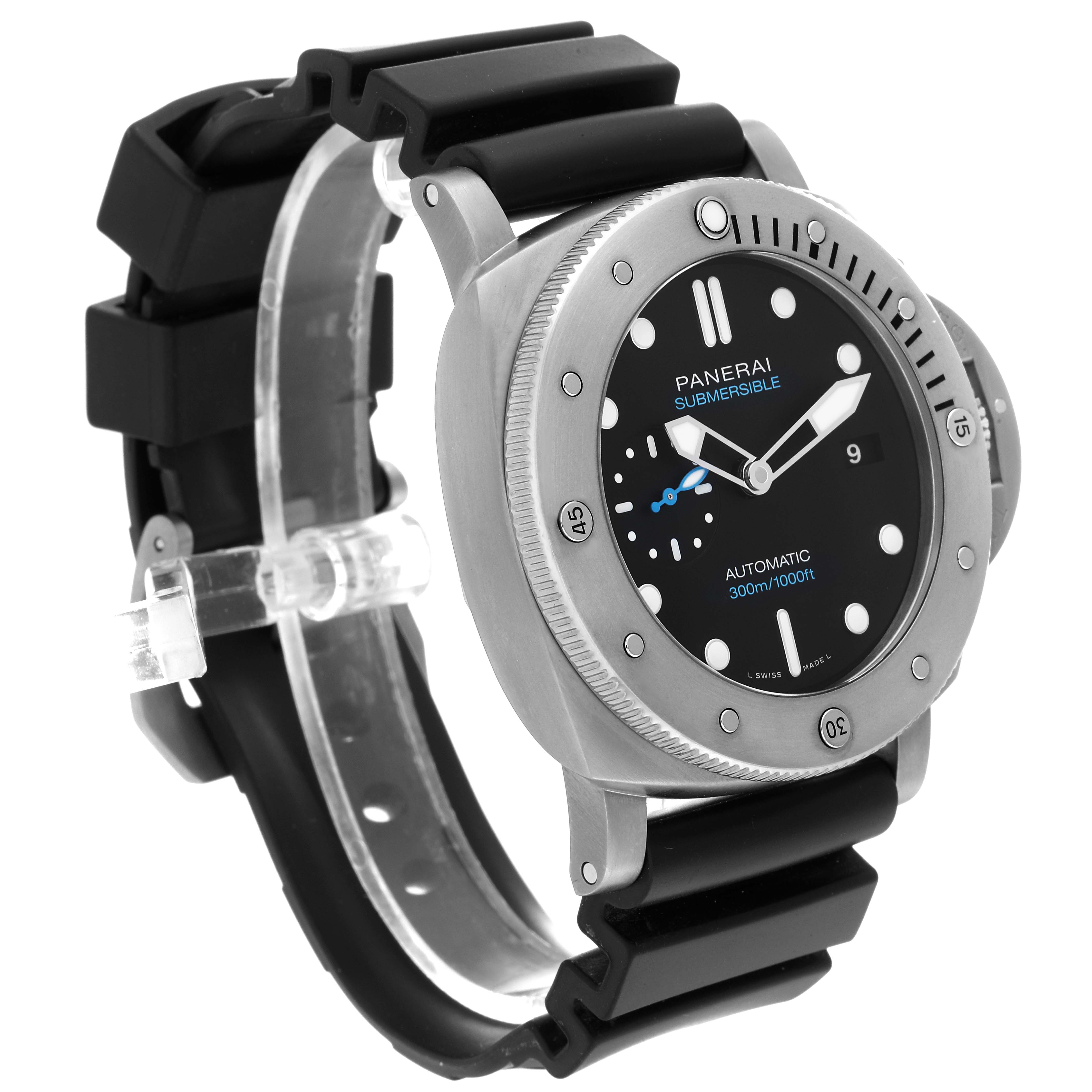 The image shows a Panerai Submersible PAM01305 Men's Titanium Black Dial PAM01305 Men's Titanium Black Dial watch at an angle highlighting the face, bezel, and rubber strap.