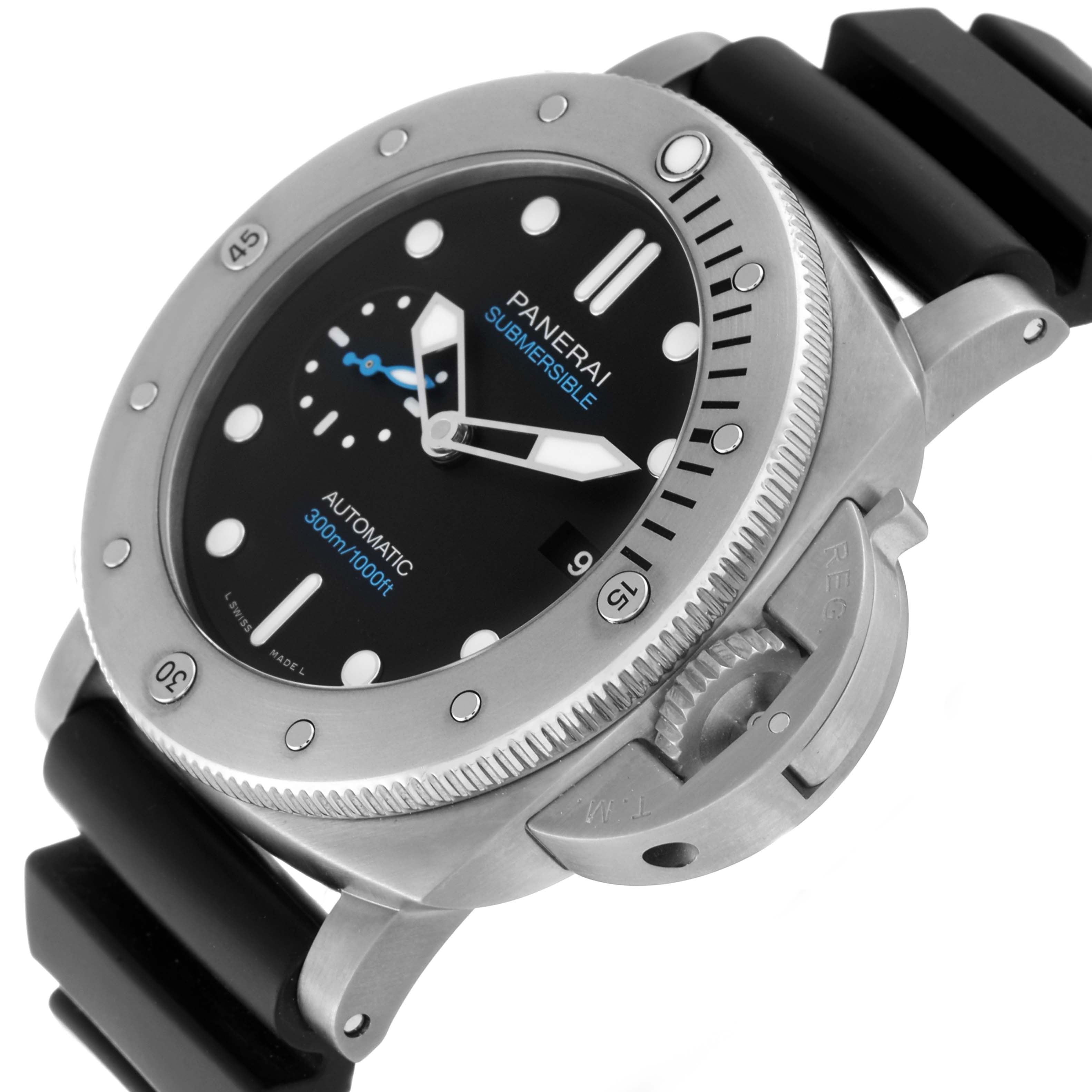 The image shows a Panerai Submersible PAM01305 Men's Titanium Black Dial PAM01305 Men's Titanium Black Dial watch at an angle highlighting the bezel, dial, and crown guard.