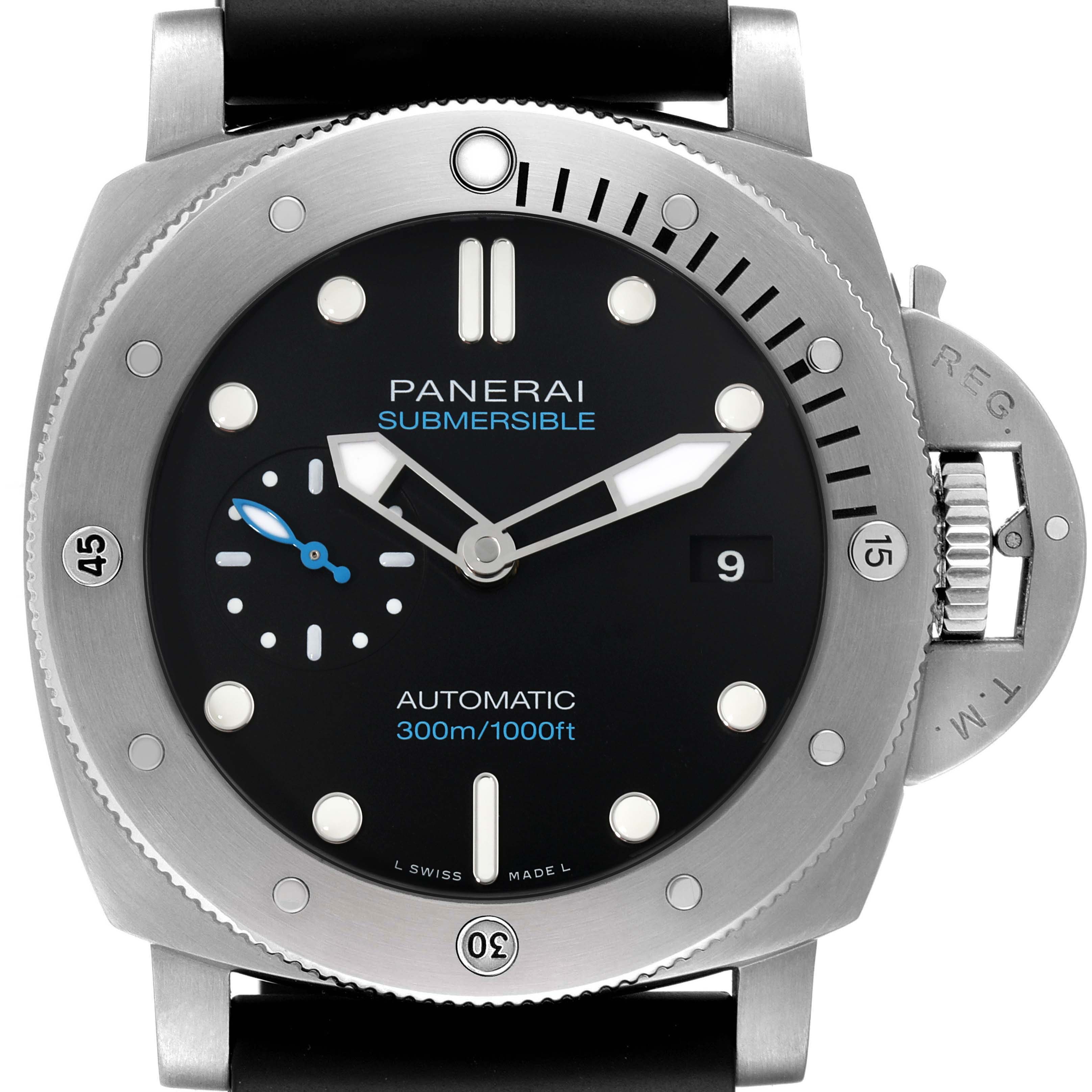 This image shows a front view of the Panerai Submersible PAM01305 Men's Titanium Black Dial PAM01305 Men's Titanium Black Dial watch, highlighting its dial, bezel, and crown guard.