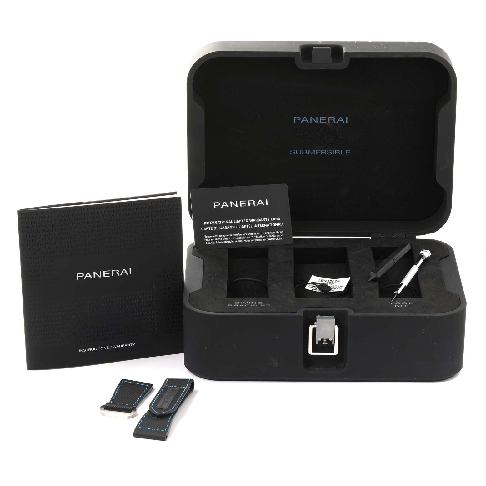 The image shows an open Panerai Submersible PAM01305 Men's Titanium Black Dial PAM01305 Men's Titanium Black Dial watch box with warranty card, manual, watch straps, and tools.