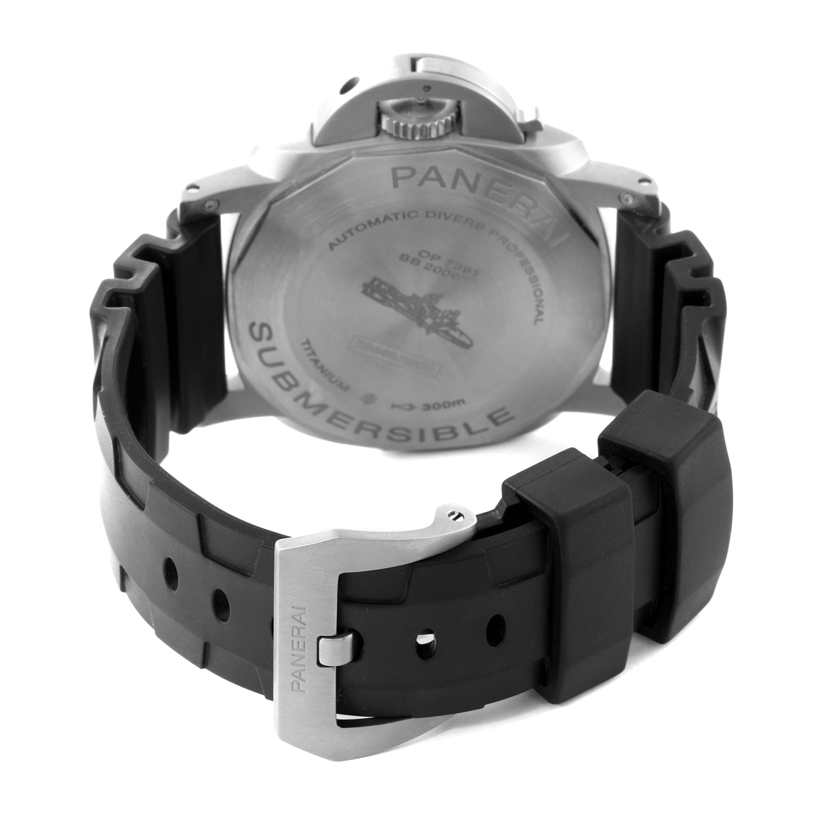 The image shows the back view of the Panerai Submersible PAM01305 Men's Titanium Black Dial PAM01305 Men's Titanium Black Dial watch, highlighting the case back and rubber strap with buckle.
