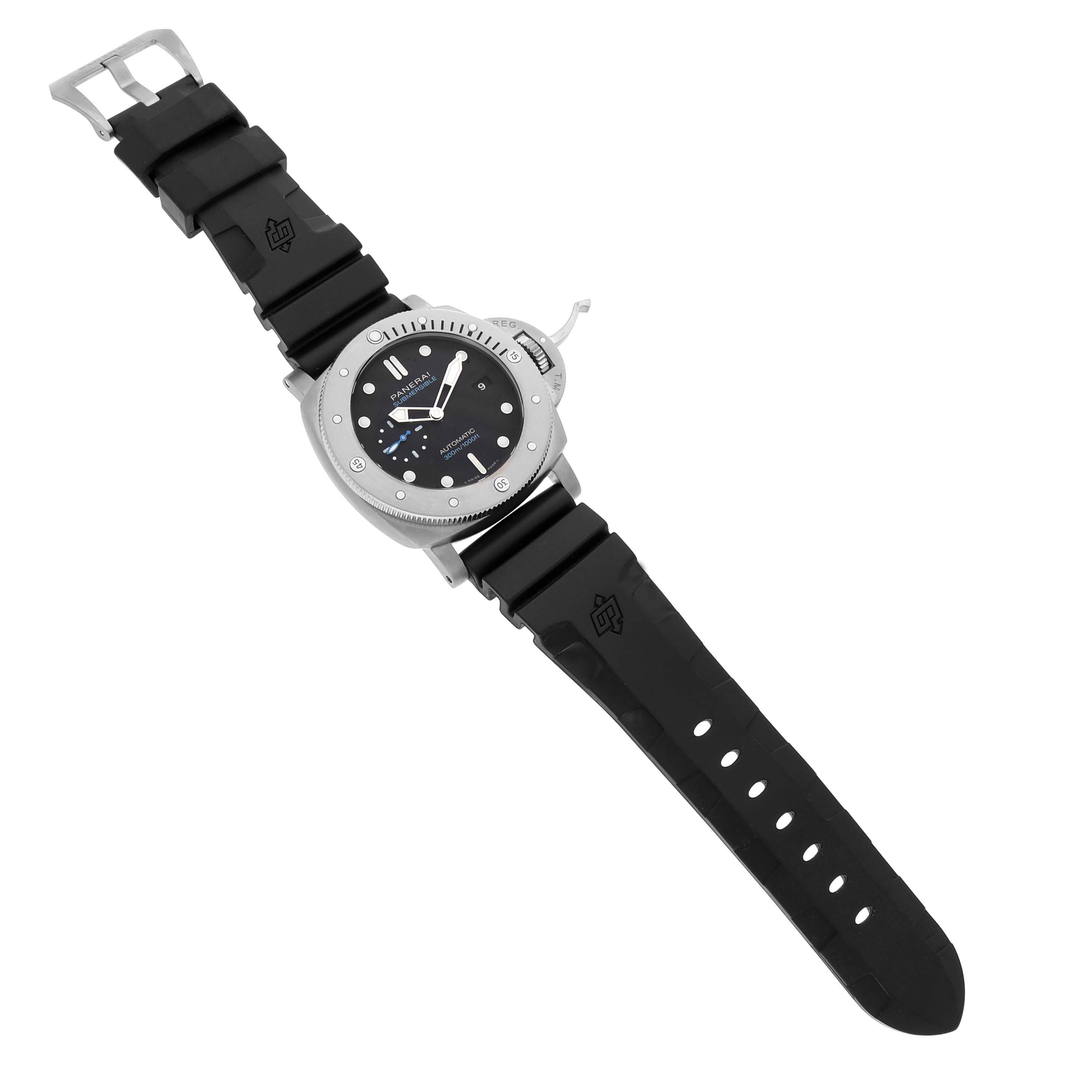 The image shows a full view of a Panerai Submersible PAM01305 Men's Titanium Black Dial PAM01305 Men's Titanium Black Dial watch, displaying the dial, case, and black strap from an overhead angle.