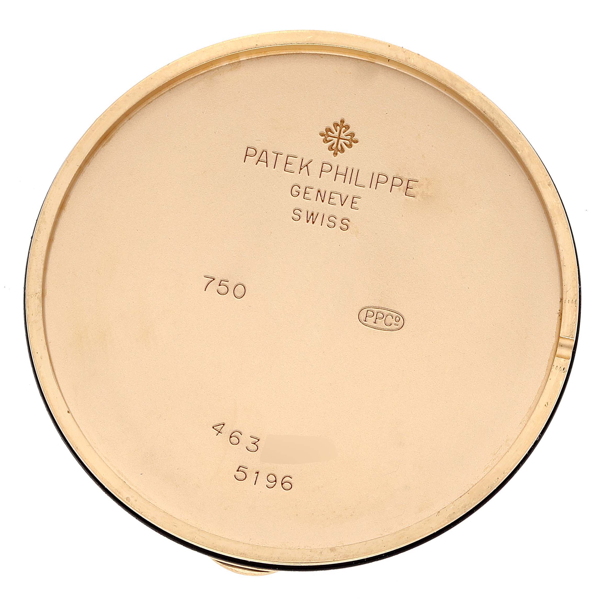 This image shows the inside of the case back for a Patek Philippe Calatrava 5196J Men's Yellow Gold Silver Dial 5196J Men's Yellow Gold Silver Dial watch.