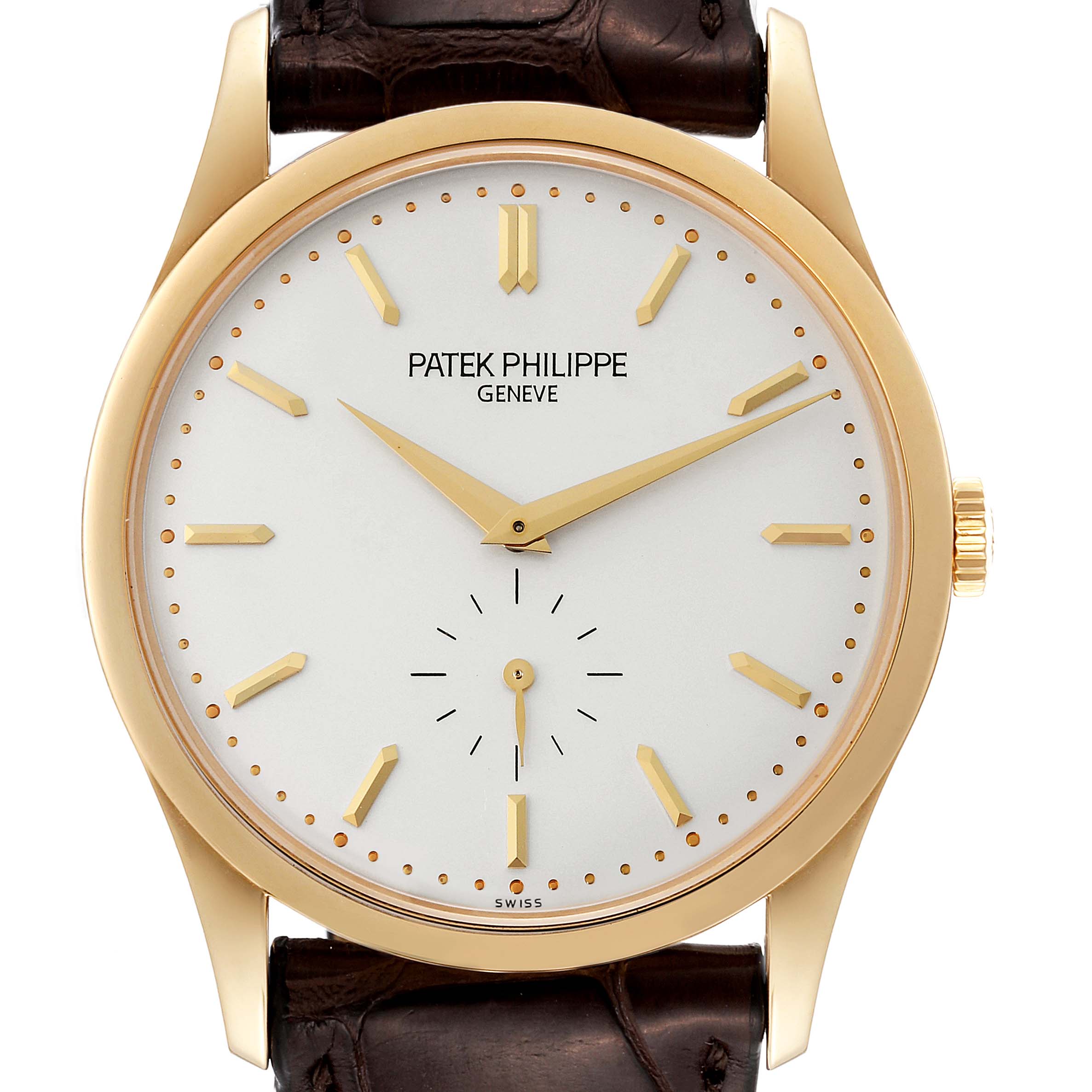 The image shows a frontal view of the Patek Philippe Calatrava 5196J Men's Yellow Gold Silver Dial 5196J Men's Yellow Gold Silver Dial watch face and its leather strap.